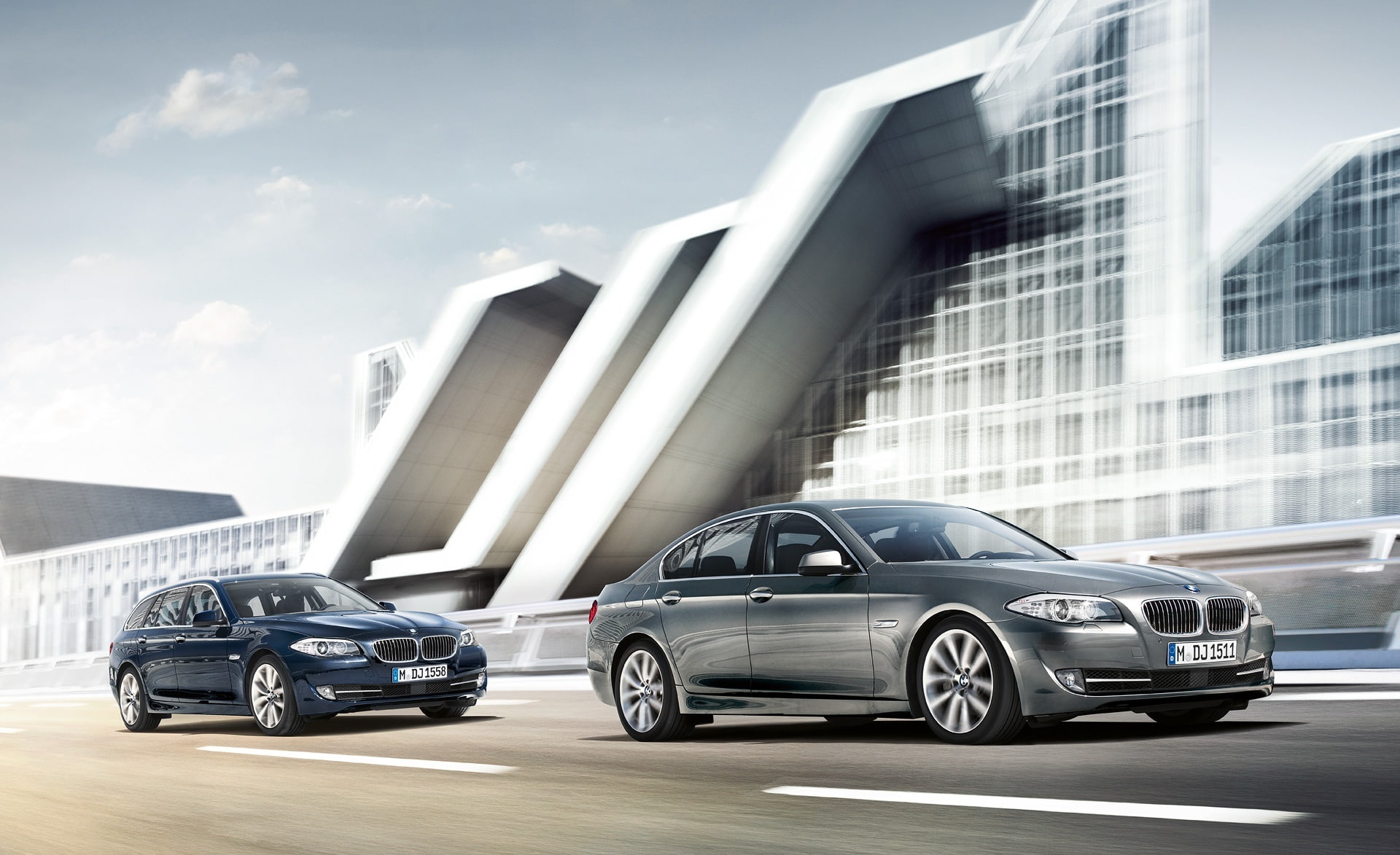 bmw 5-series f10, consumerism, modern, architecture, nature, land vehicle, gray, transportation, mode of transportation, luxury, sky, travel, touring, digital composite, HD Wallpaper