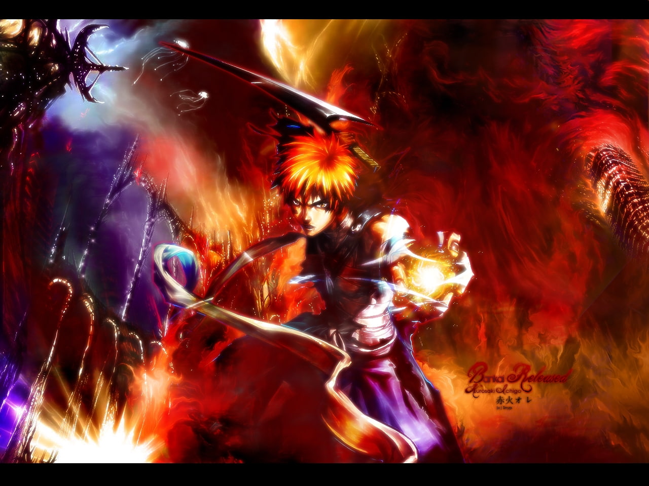 x, anime, bankai, hd, kurosaki, ichigo, bleach, 720P, flames, art, HD Wallpaper