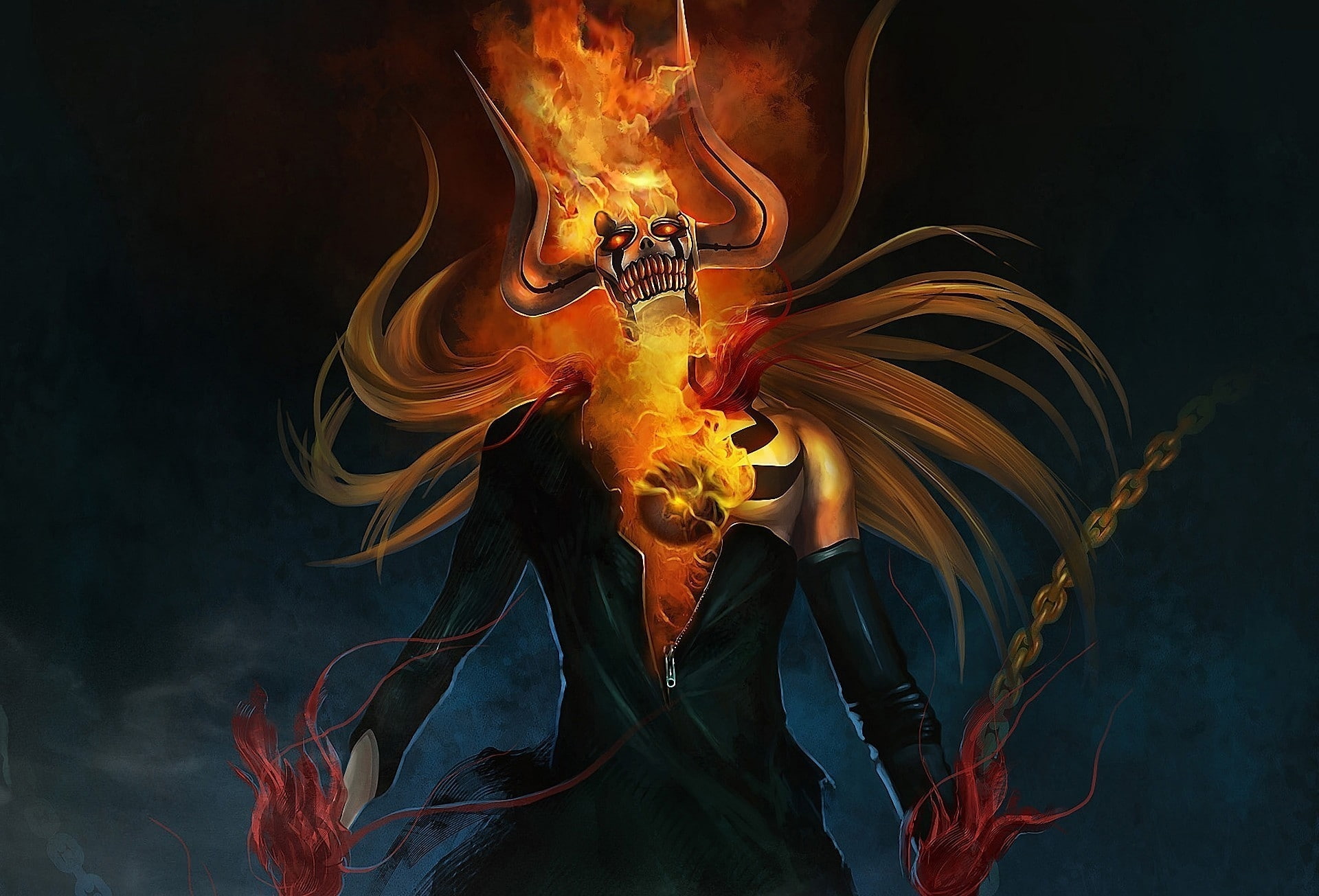 Skulls, chains, wal, 1080P, vastolorde, bleach, fire, art, hollow, x, anime, horns, hd, kurosaki, dark, ichigo, HD Wallpaper