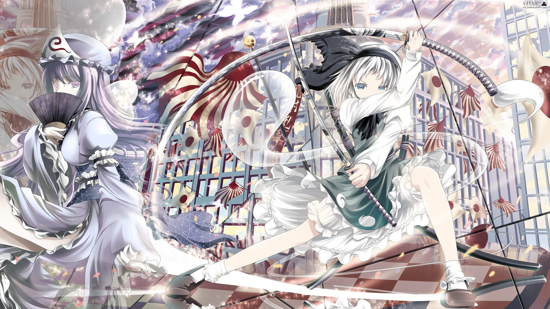 short, skyscapes, japanese, weapons, youmu, hair, clothes, purple, blue, action, ghosts, video, long, checkered, 1080P, touhou, socks, saigyouji, gre, HD Wallpaper
