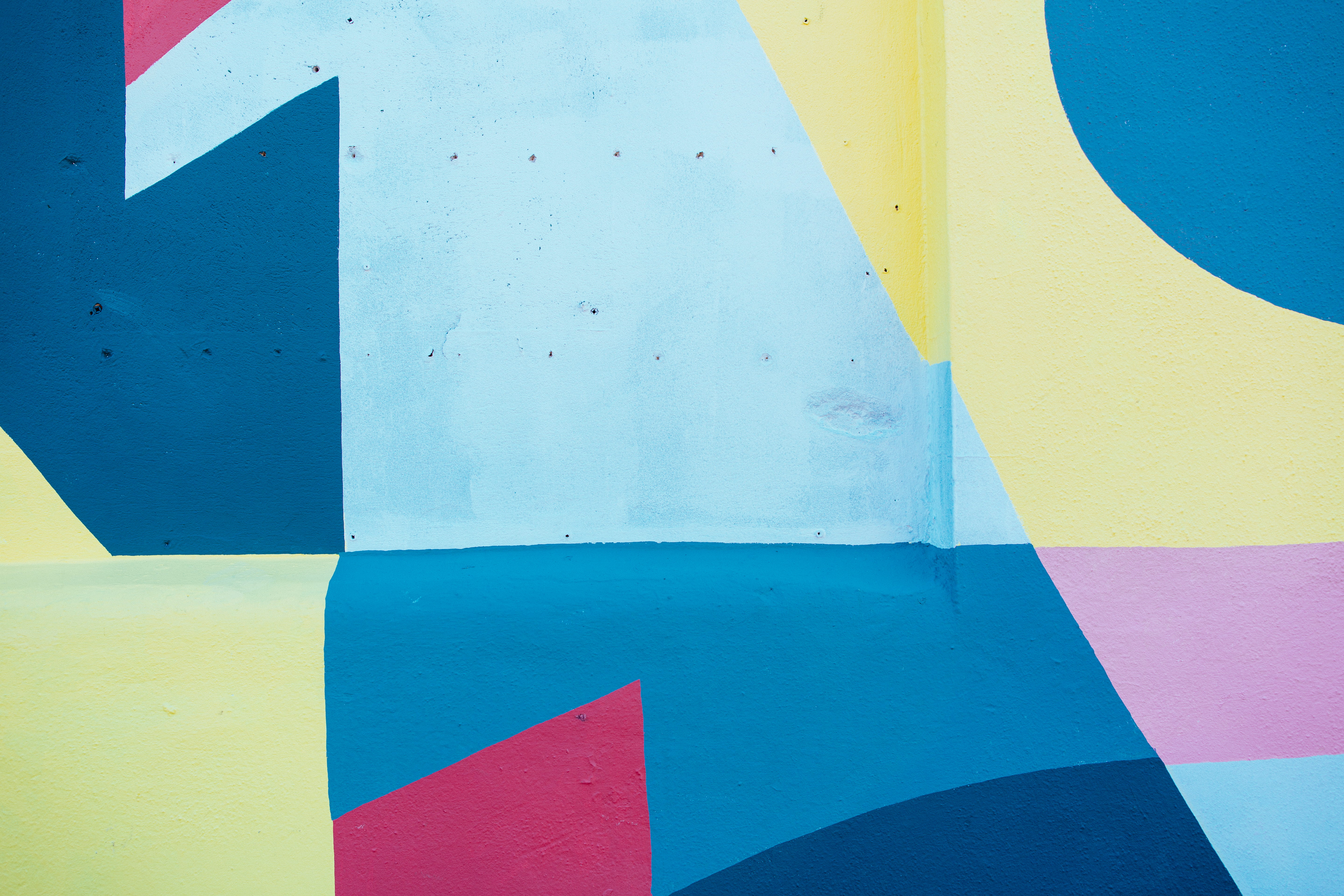 wall - building feature, vibrant color, yellow, blue, red, no people, art and craft equipment, art and craft, paint, painting, grafitti, geometric shape, HD Wallpaper