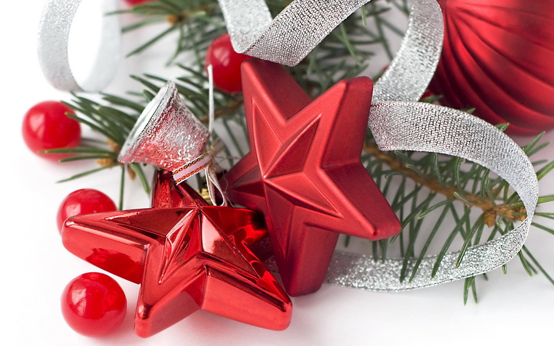 silver, red, christmas tree, decoration, balls, bell, still life, gift box, holiday, star shape, close-up, Christmas decorations, 1080P, christmas decoration, HD Wallpaper