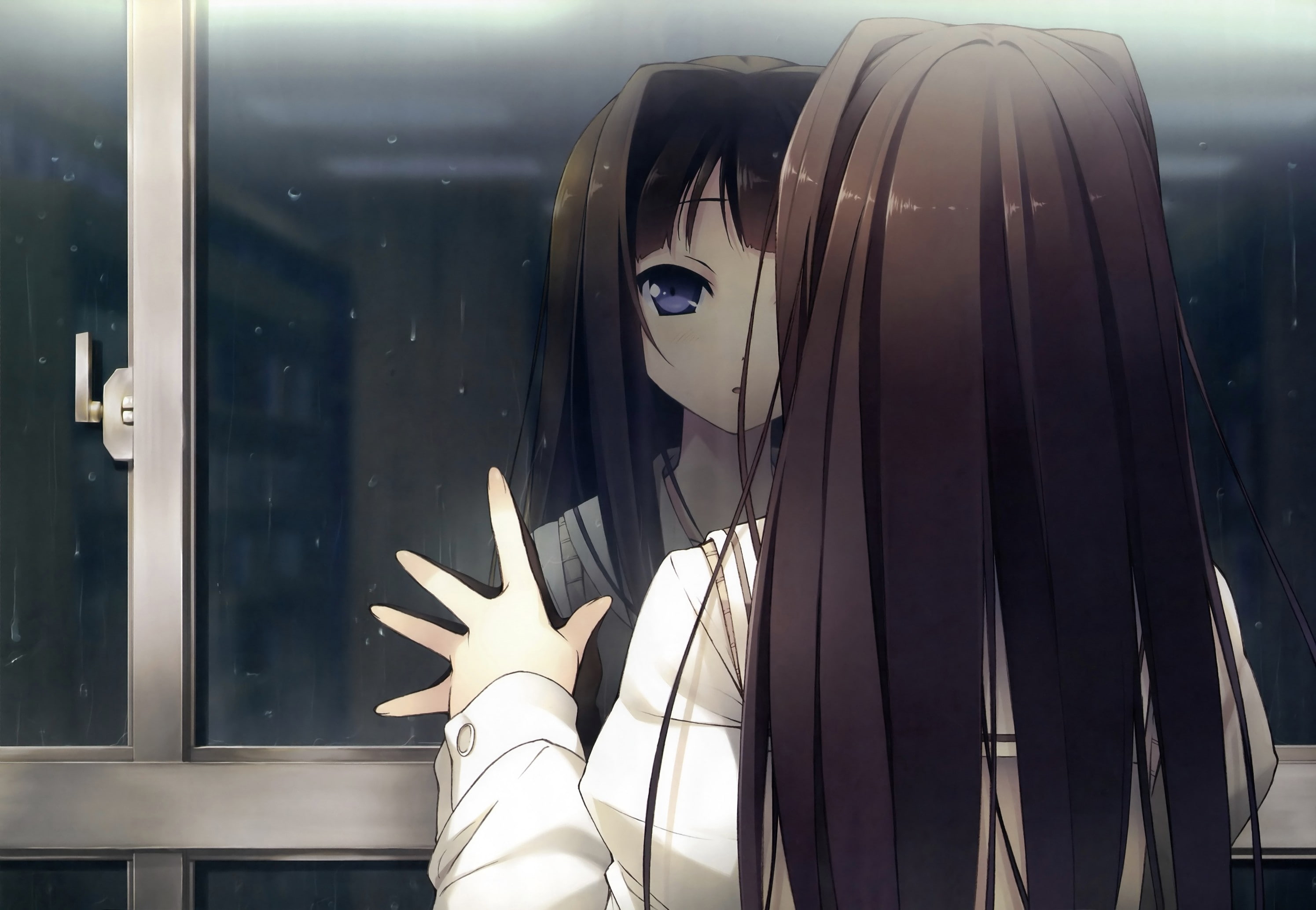 rain, girls, ayase, hime, window, anime, brunettes, hd, artist, kantoku, art, panes, seifuku, hot, diary, sayuki, 2K, HD Wallpaper