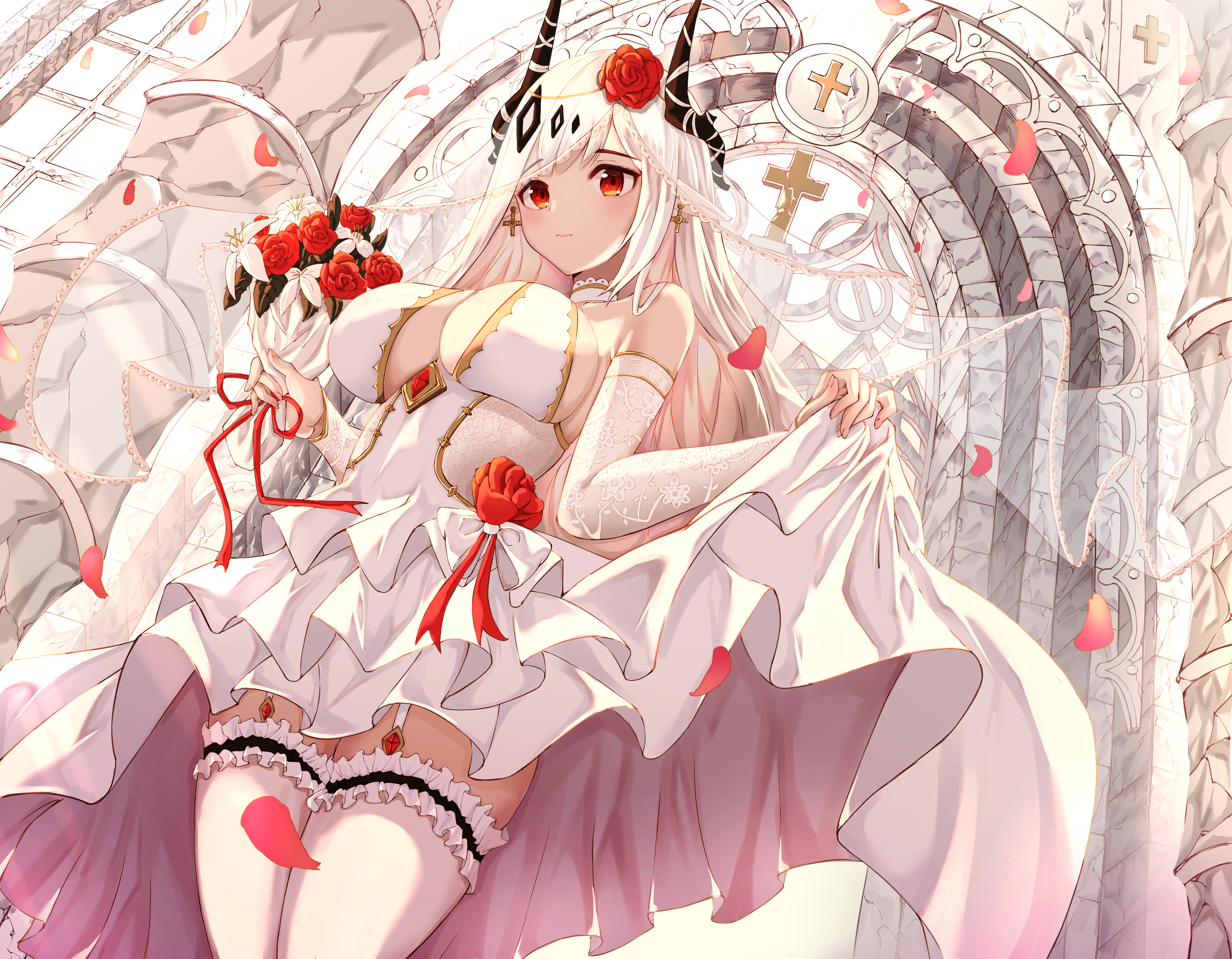 brides, Arknights, white dress, red eyes, 4K, white hair, Mudrock (Arknights), HD Wallpaper