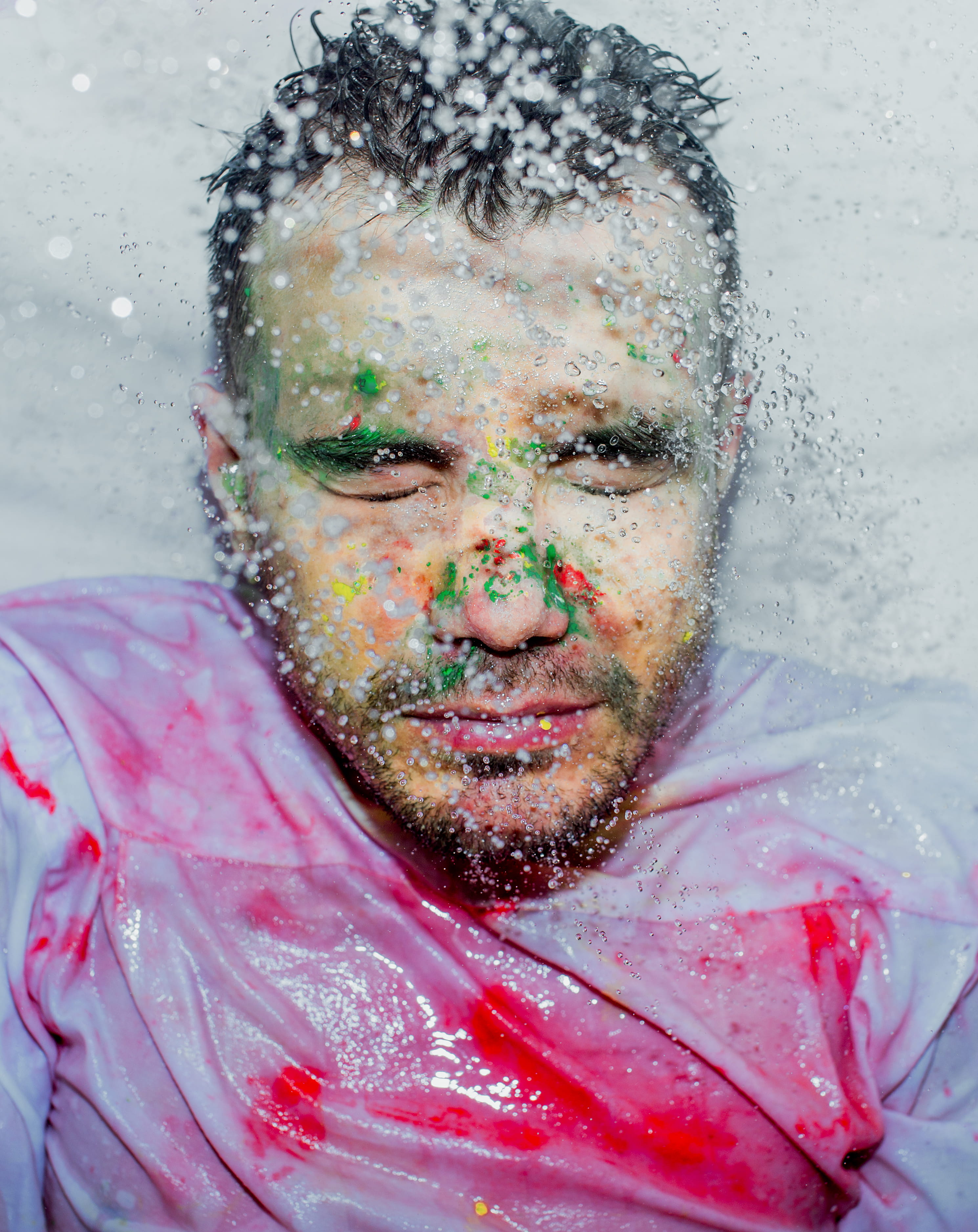 powder, 2K, crowd, child, portrait, freezing, holi, light, paint container, adult, hair, skin, human face, young men, day, messy, person, close-up, face, Phone HD Wallpaper