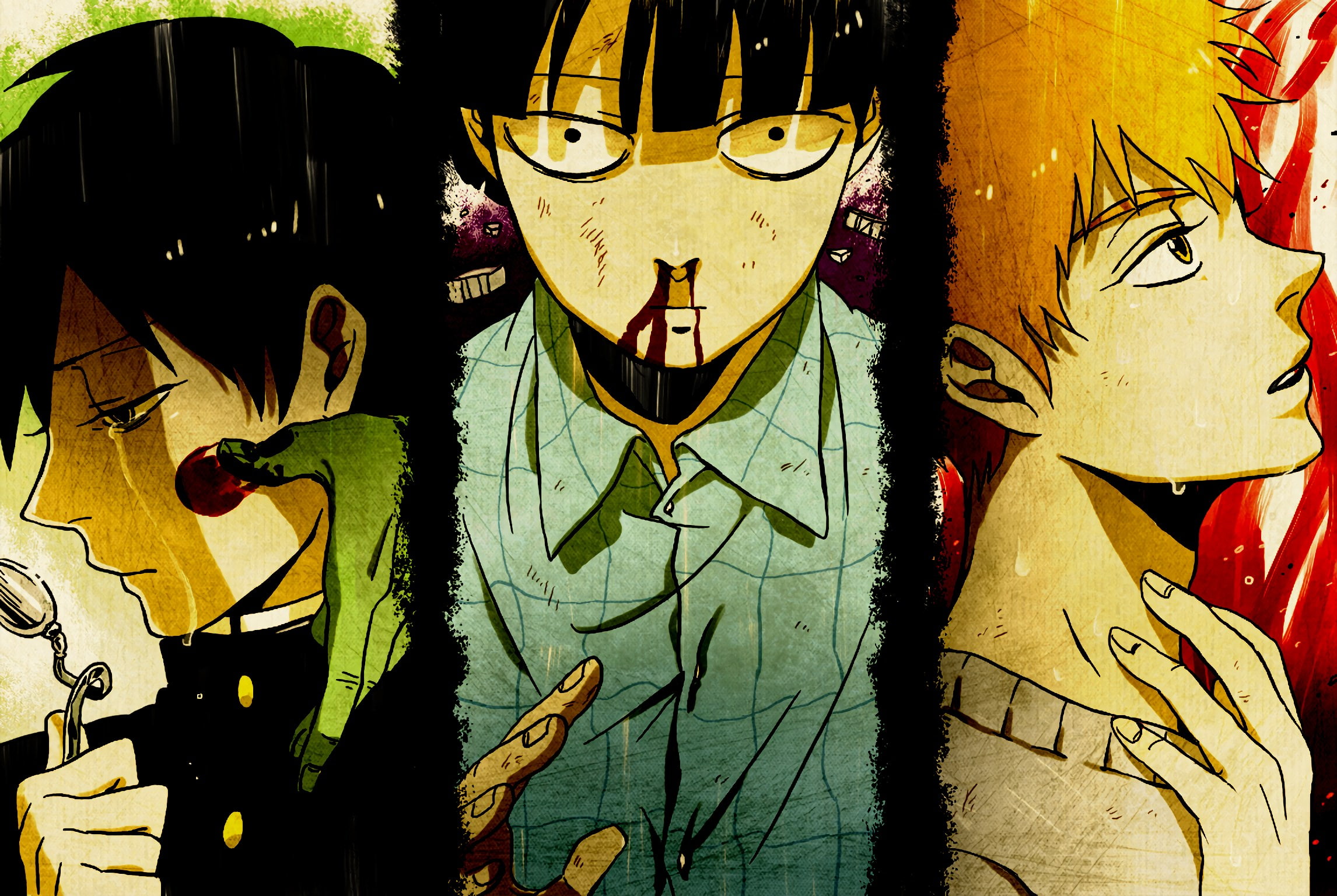 yellow, no people, multi colored, wall - building feature, art and craft, female likeness, backgrounds, full frame, male likeness, mob psycho 100, mural, HD Wallpaper