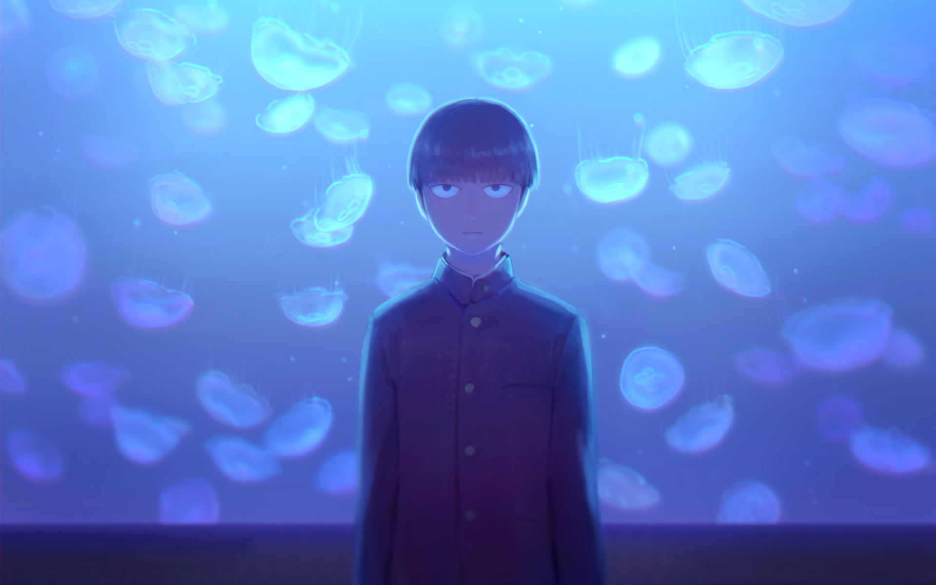 Anime, men, technology, males, transparent, Shigeo Kageyama, blue, young adult, young men, portrait, 1080P, front view, indoors, one person, waist up, HD Wallpaper