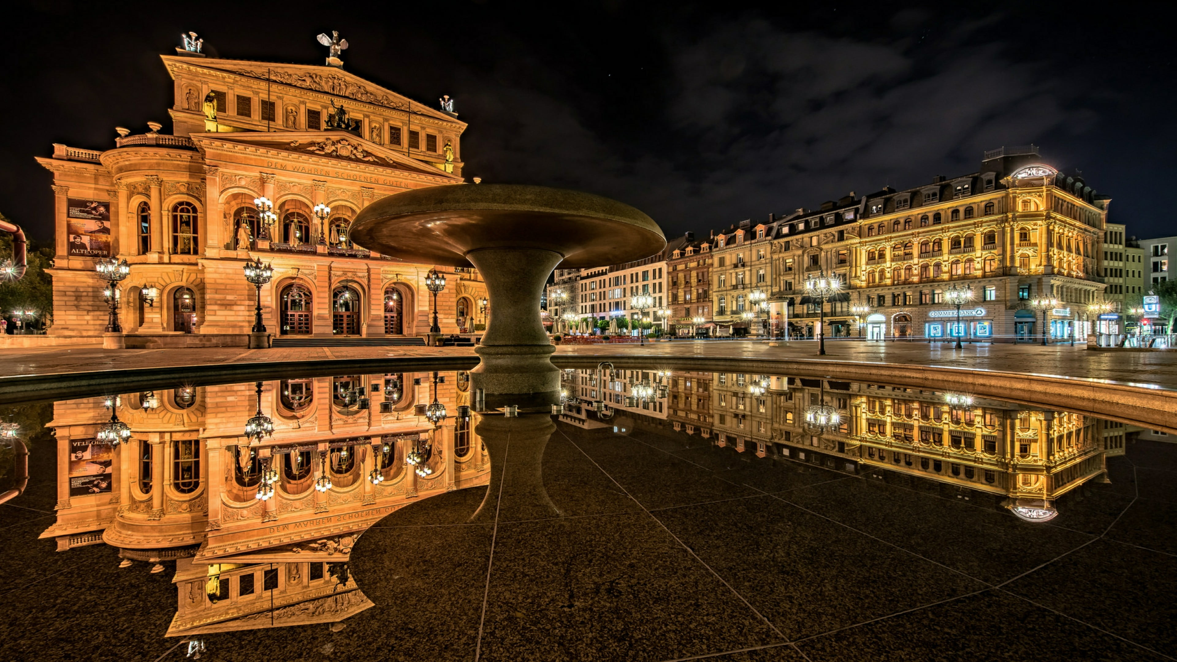 alte oper, night, building, built structure, illuminated, history, travel destinations, evening, germany, square, the past, travel, 4K, no people, water, HD Wallpaper