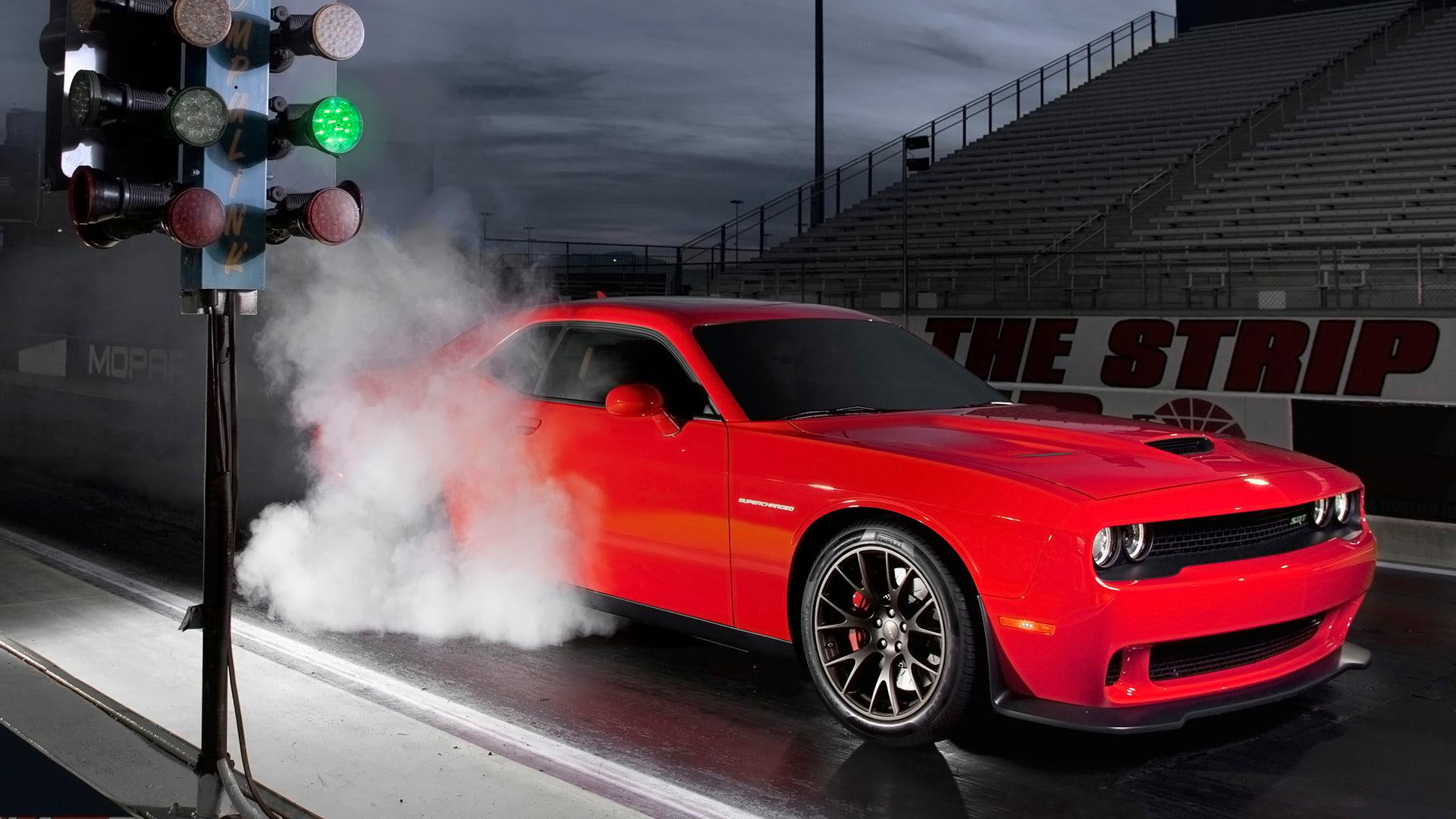 mustang, challenger, srt, cars, 2015, 1080P, dodge, burnout, ford, red, HD Wallpaper