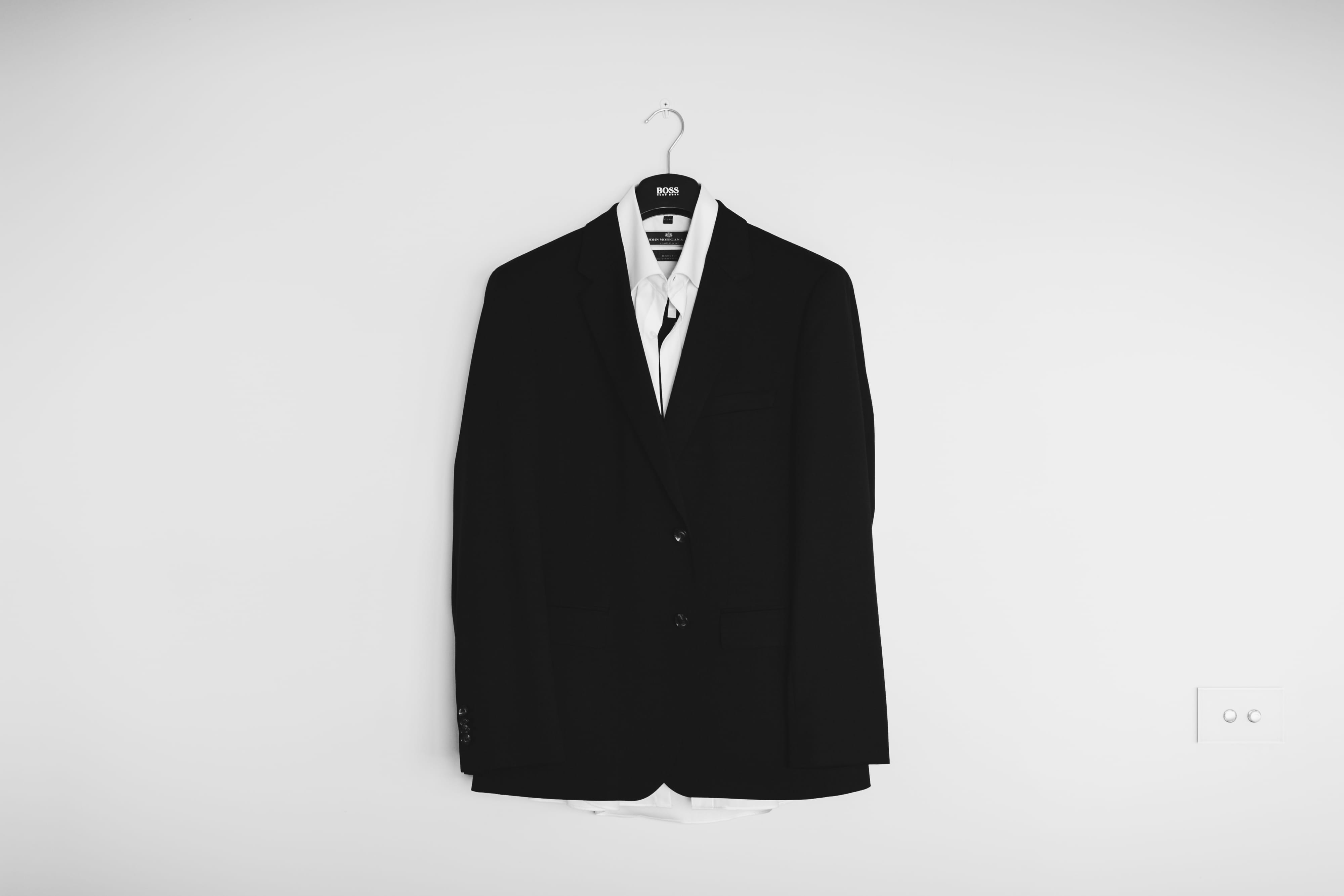 jacket, clothing, hanged, business, menswear, men, indoors, formalwear, suit, studio shot, males, coathanger, shirt, full suit, business person, copy space, HD Wallpaper