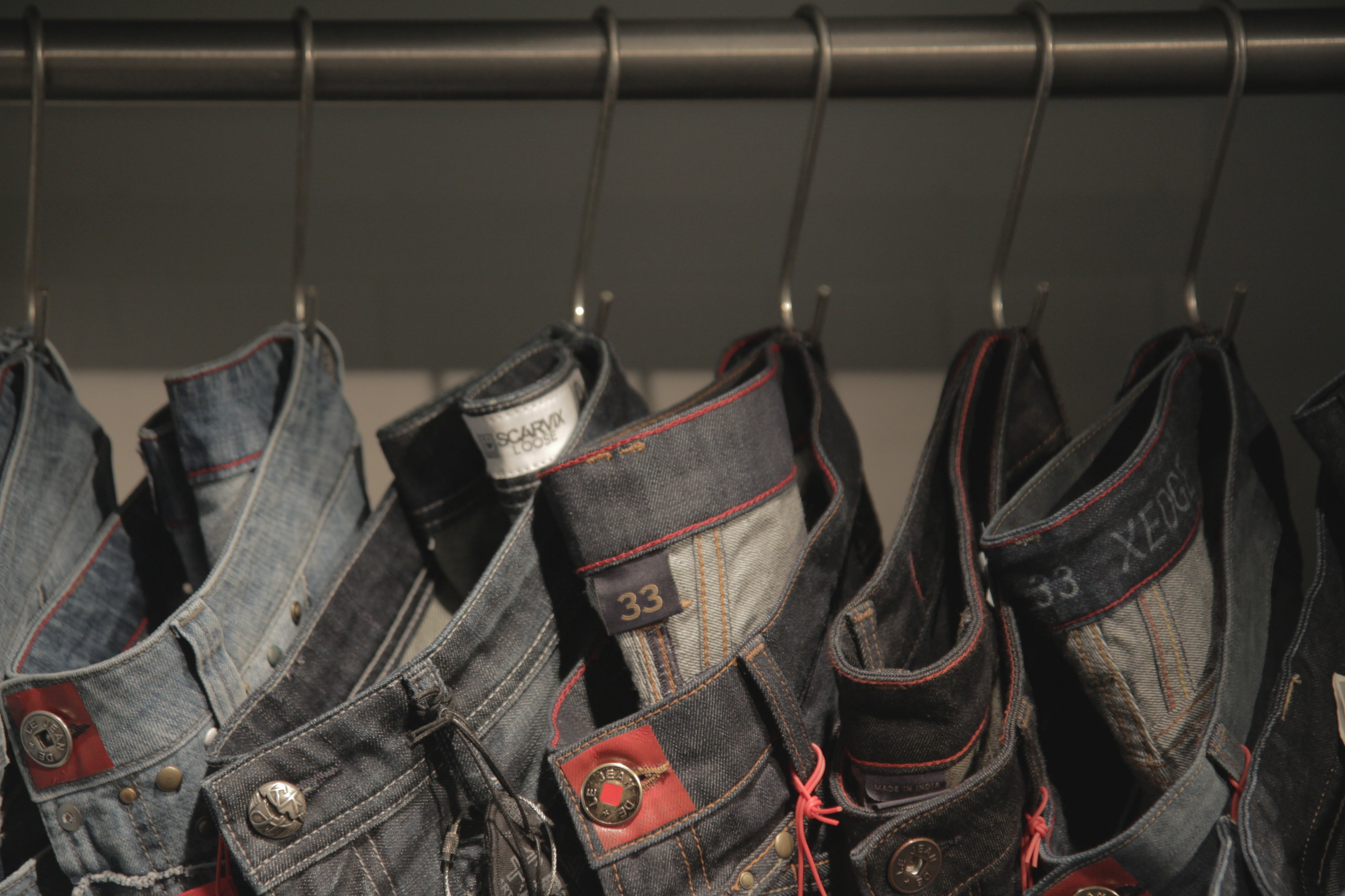 leather, hanging, large group of objects, selective, choice, arrangement, texture, cloth, jeans, coathanger, denim, photography, close-up, day, for sale, HD Wallpaper