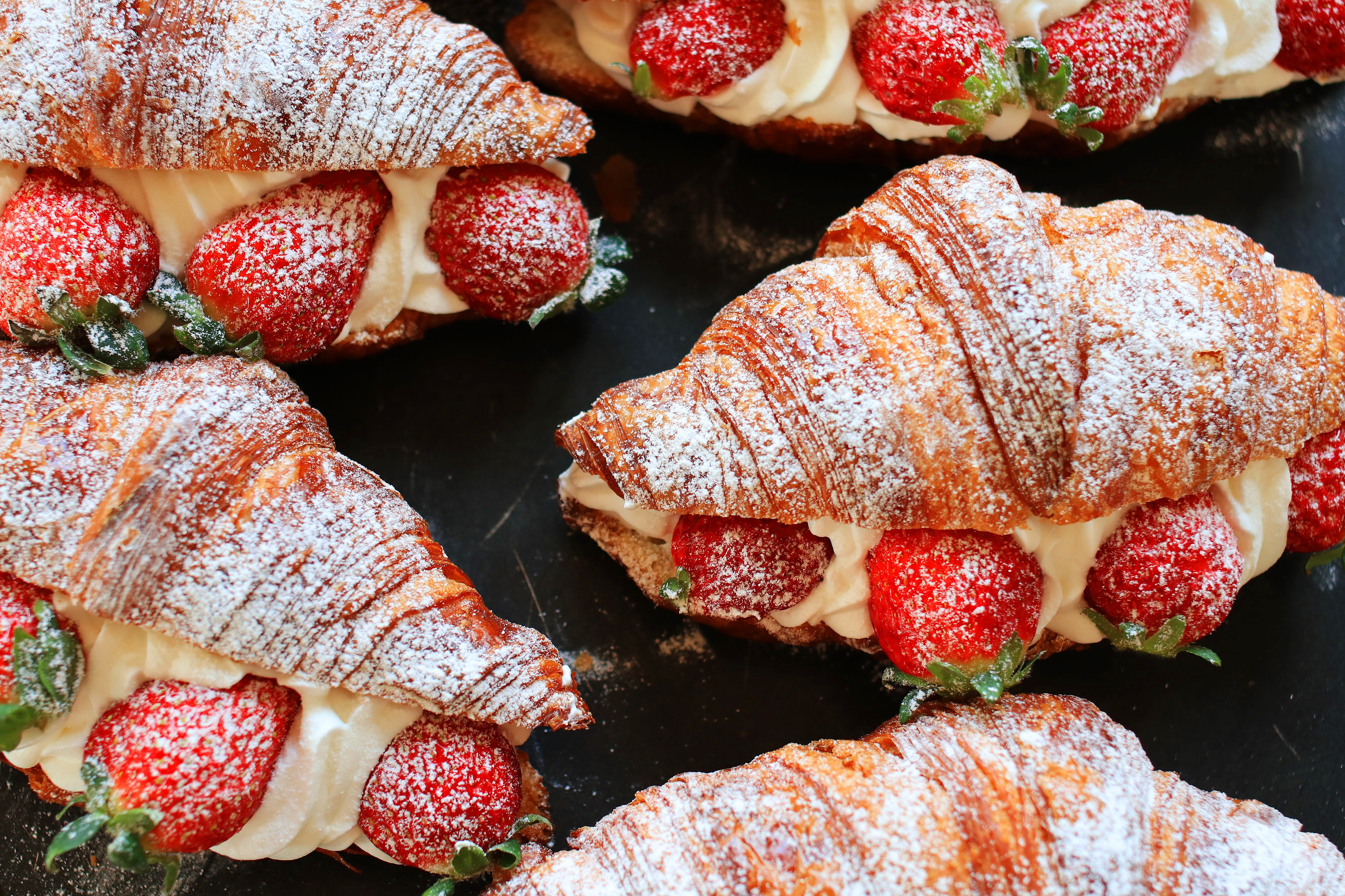 dining, delicious, traditional, bakery, cream, 5K, salt, full frame, indulgence, baked, berry fruit, plate, bread, eating, menu, croissants, strawberry, HD Wallpaper