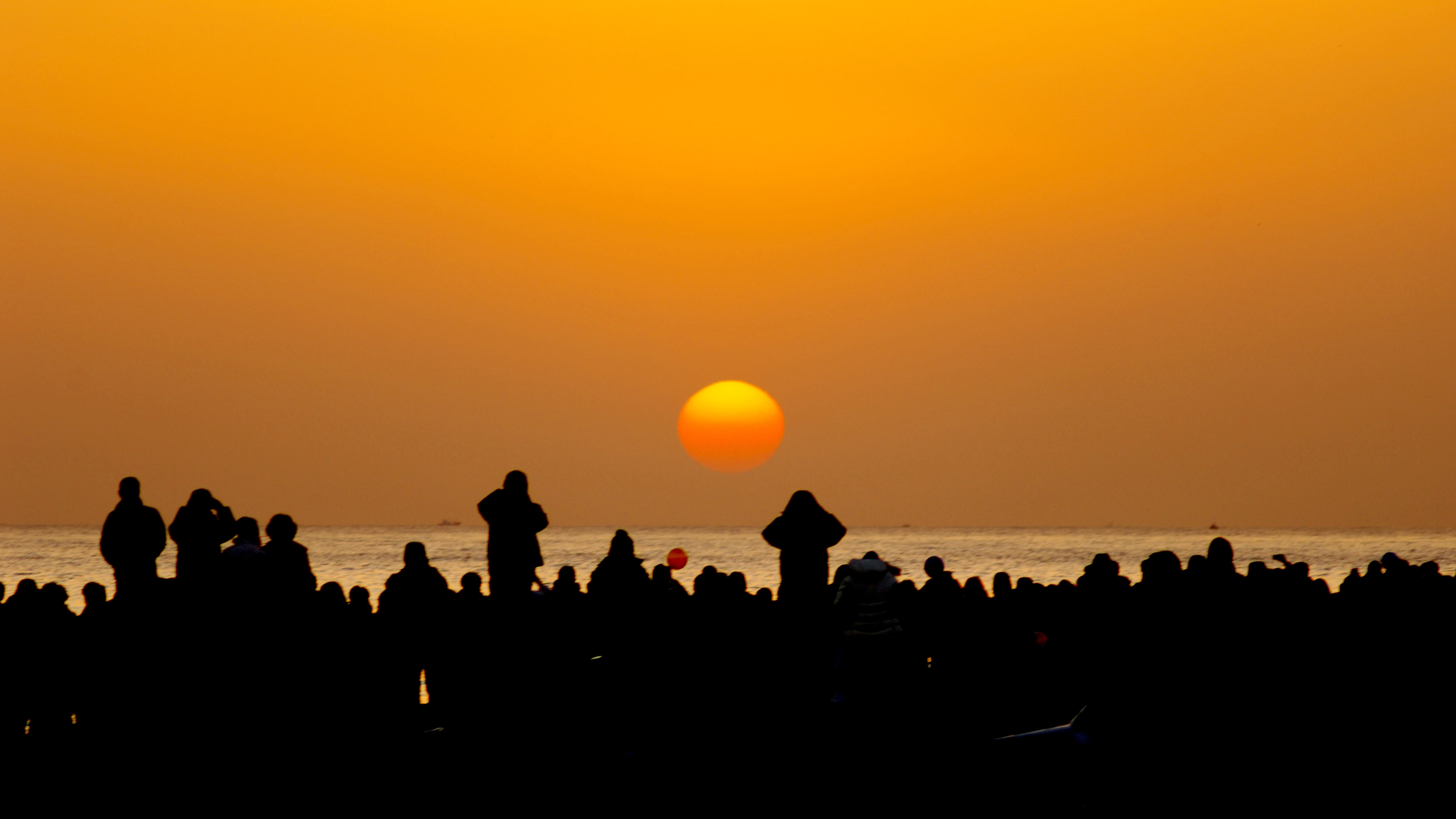 real people, crowd, korea, in the new year, outdoors, beauty in nature, horizon over water, the veil, gangneung, sunset, orange color, clear sky, leisure activity, HD Wallpaper