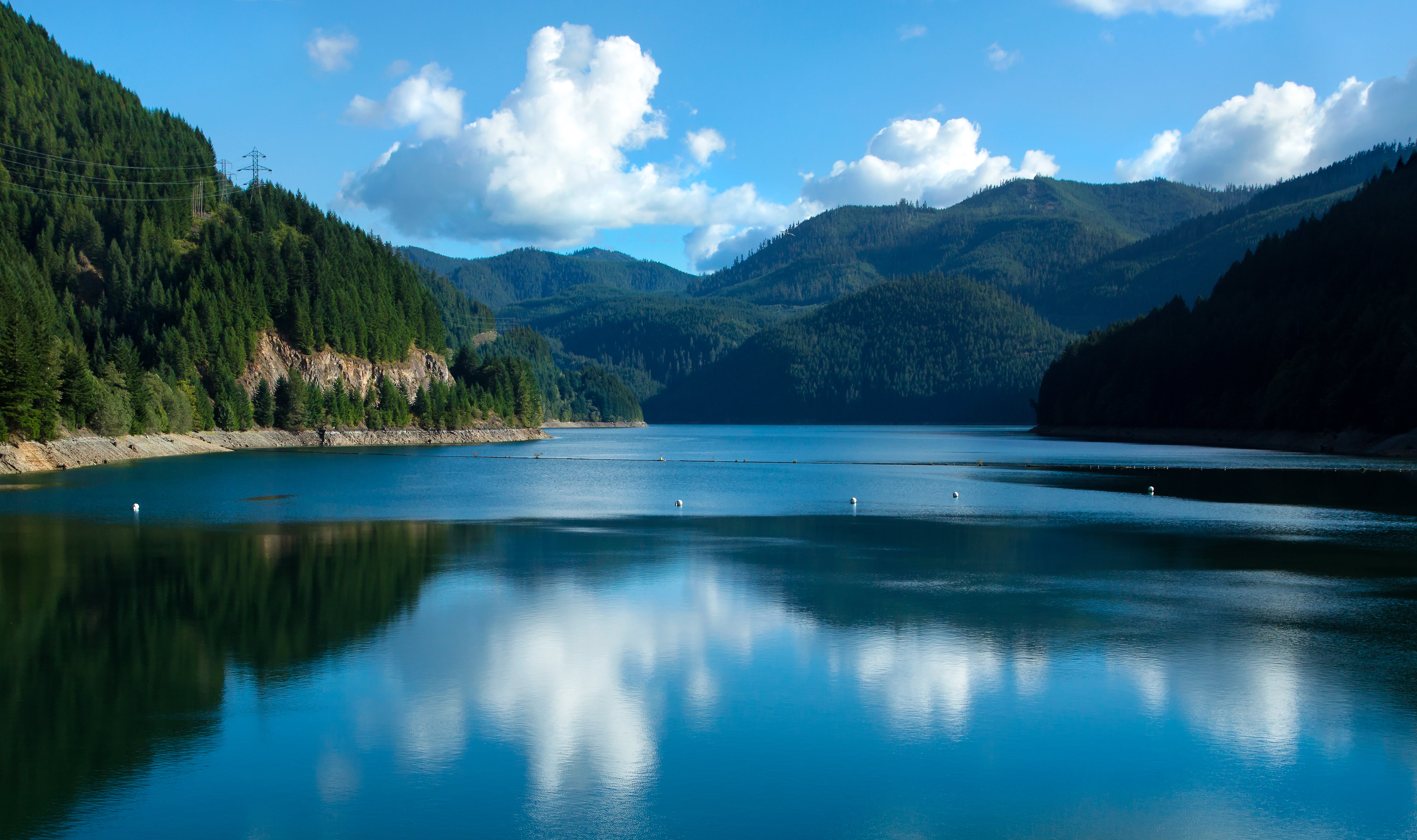 beauty In Nature, mountain, reservoir, blue, tree, mountains, jpg, forest, green mountains, reflection, Detroit Lake, in between, water, scenics, body, HD Wallpaper