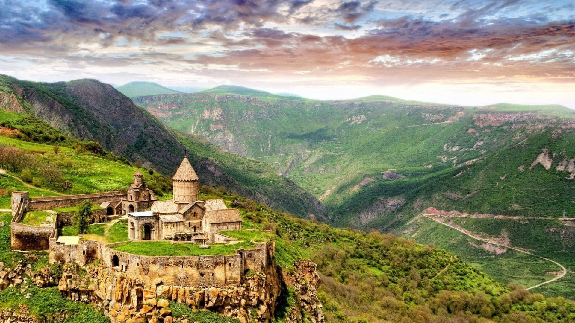 clouds, temple, mountains, hdr, 1080P, wall, nature and landscapes, fortress, HD Wallpaper