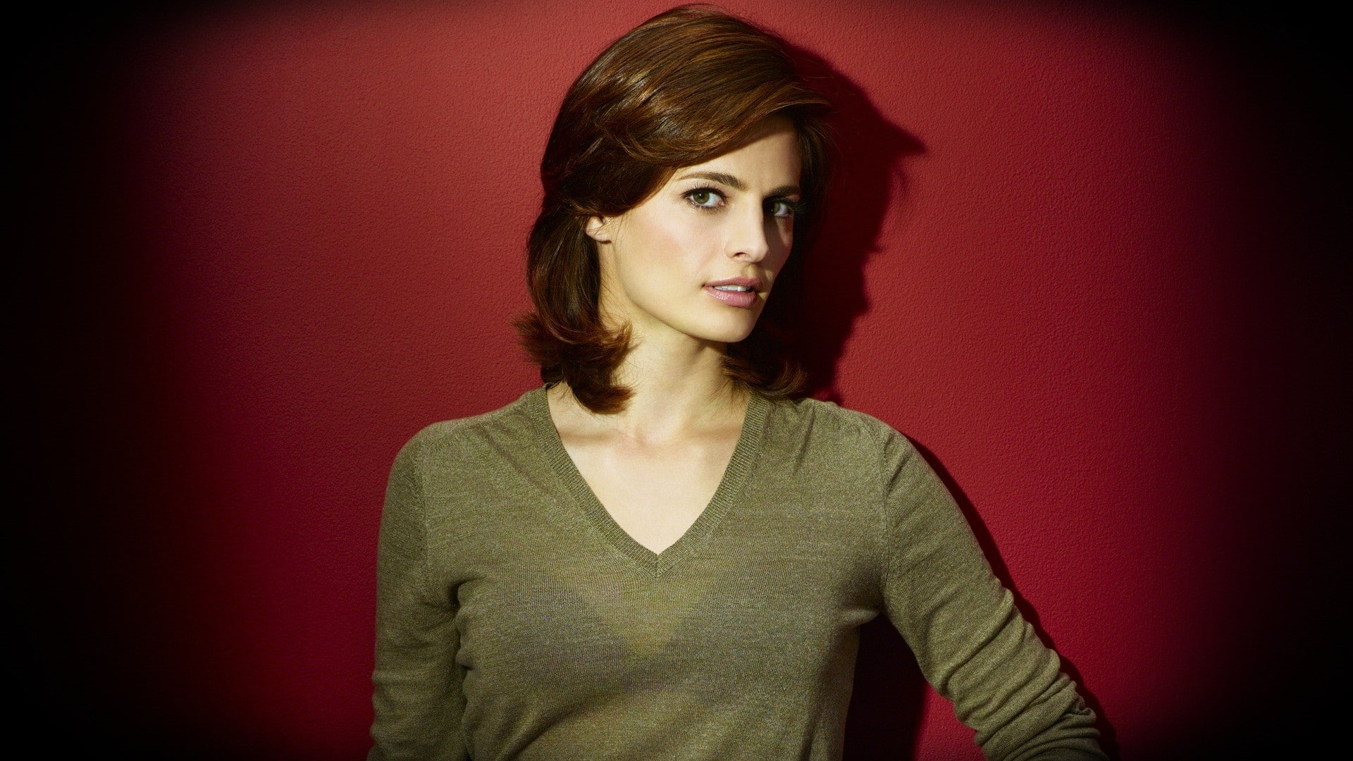 stana, katic, x, entertainment, tv, castle, series, women, hd, art, 1080P, brunettes, red, background, HD Wallpaper