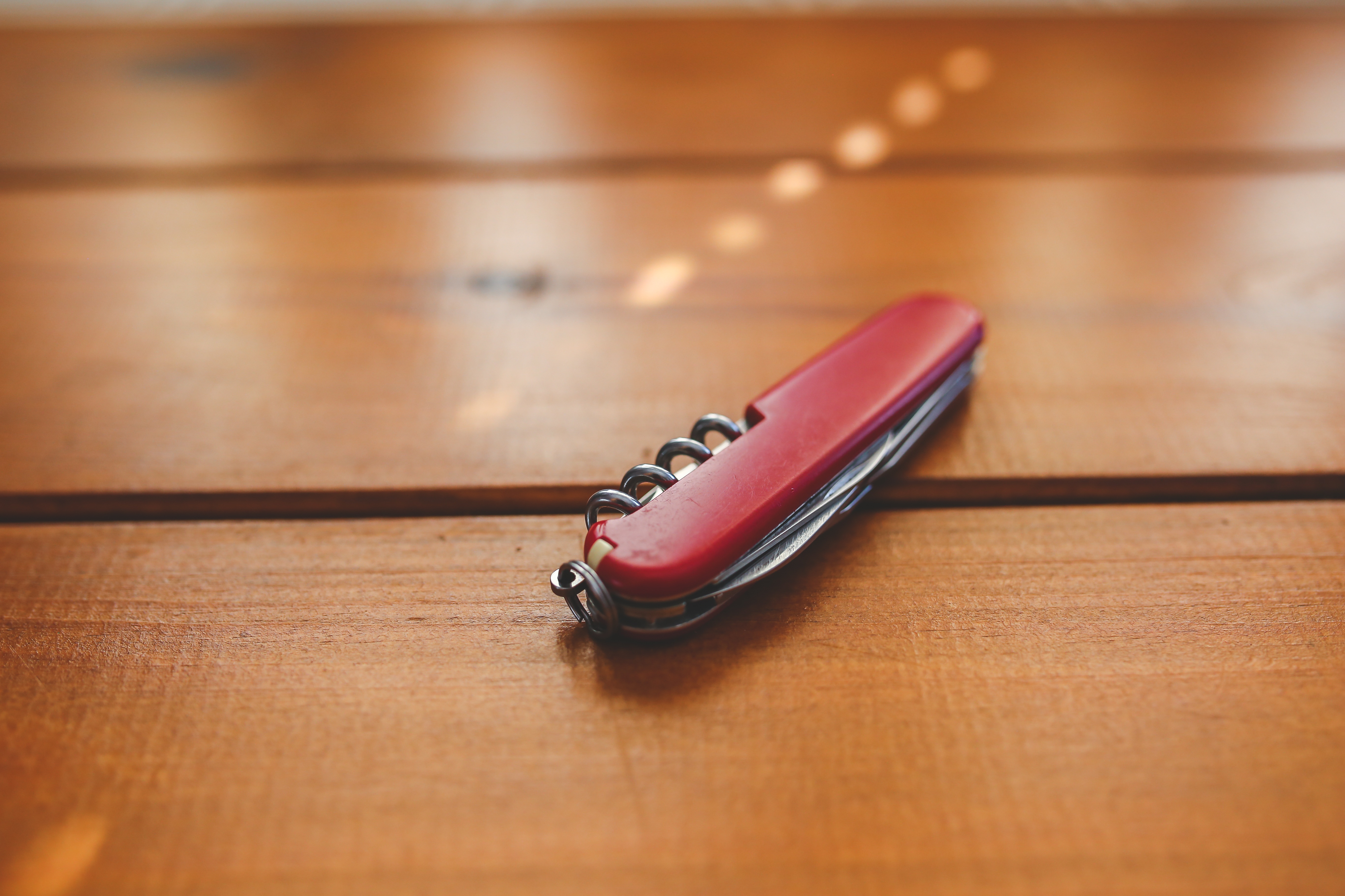 arts culture and entertainment, desk, red, knife, wooden, 5K, close-up, connection, wood grain, surface, copy space, musical instrument, wood - material, HD Wallpaper