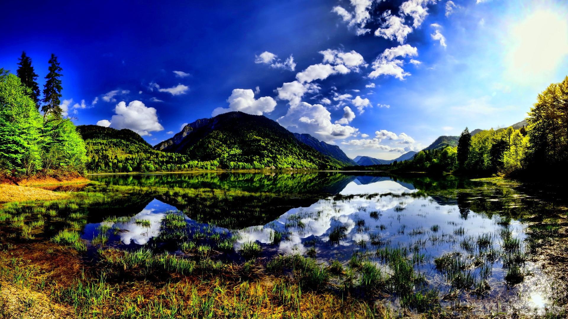 landscape, white, desktop, 1080P, summer, pine, hd, screen, full, clouds, forest, reflection, mountain, water, lake, sky, HD Wallpaper