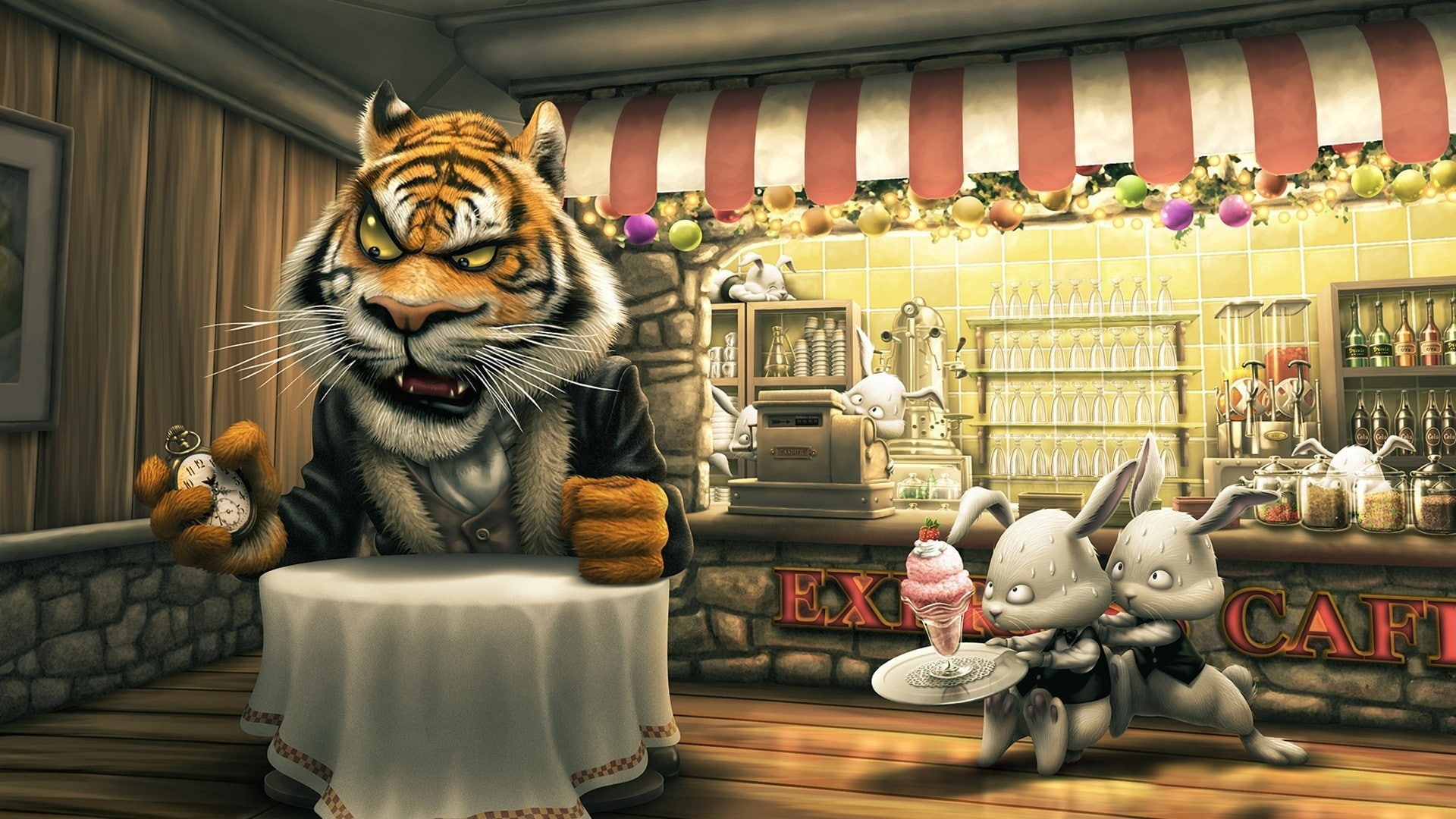 ice cream, food, animals, cartoon, rabbits, cafes, pocketwatches, 1080P, artwork, tiger, HD Wallpaper