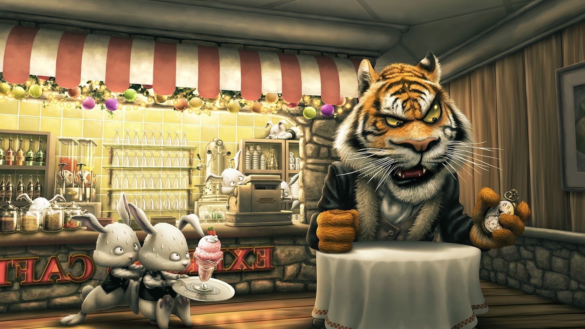 food, indoors, animal, 1080P, representation, whisker, Cartoon, day, Ice Cream, art and craft, creativity, big cat, animal representation, no people, animals, HD Wallpaper