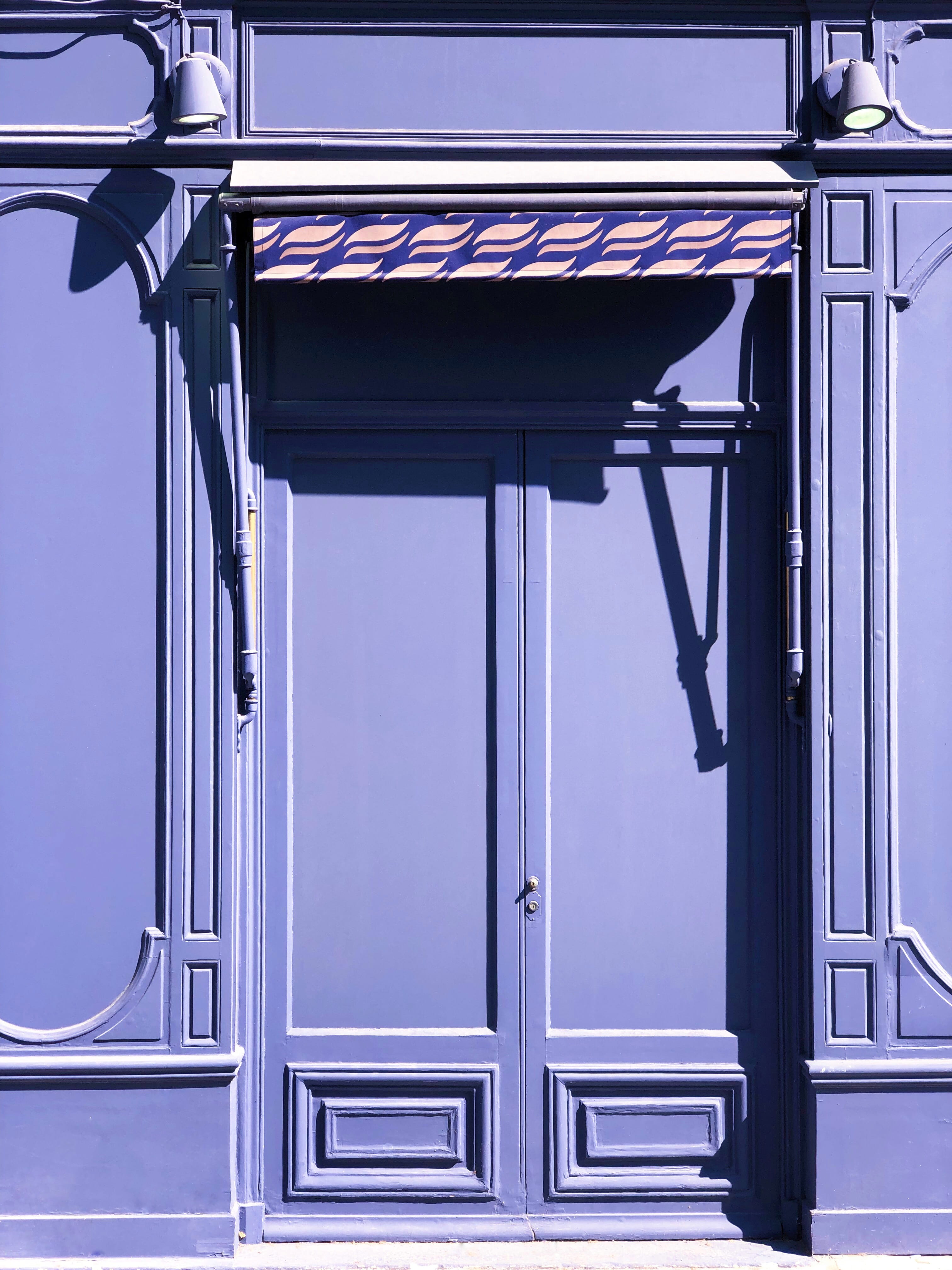 porch, metal, paris, wall, building exterior, building, connection, door, abstract, closed, entrance, architecture, blue, sky, contrast, minimal, purple, Phone HD Wallpaper