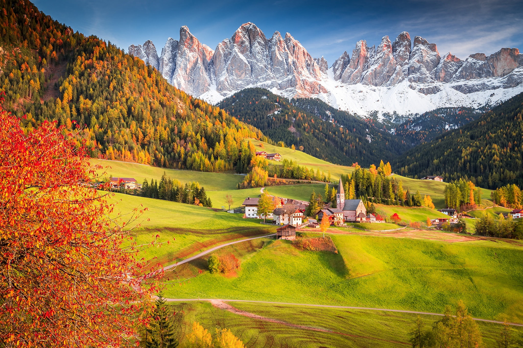Church, Alps, tree, 1080P, autumn, the village, village, Italy, forest, HD Wallpaper