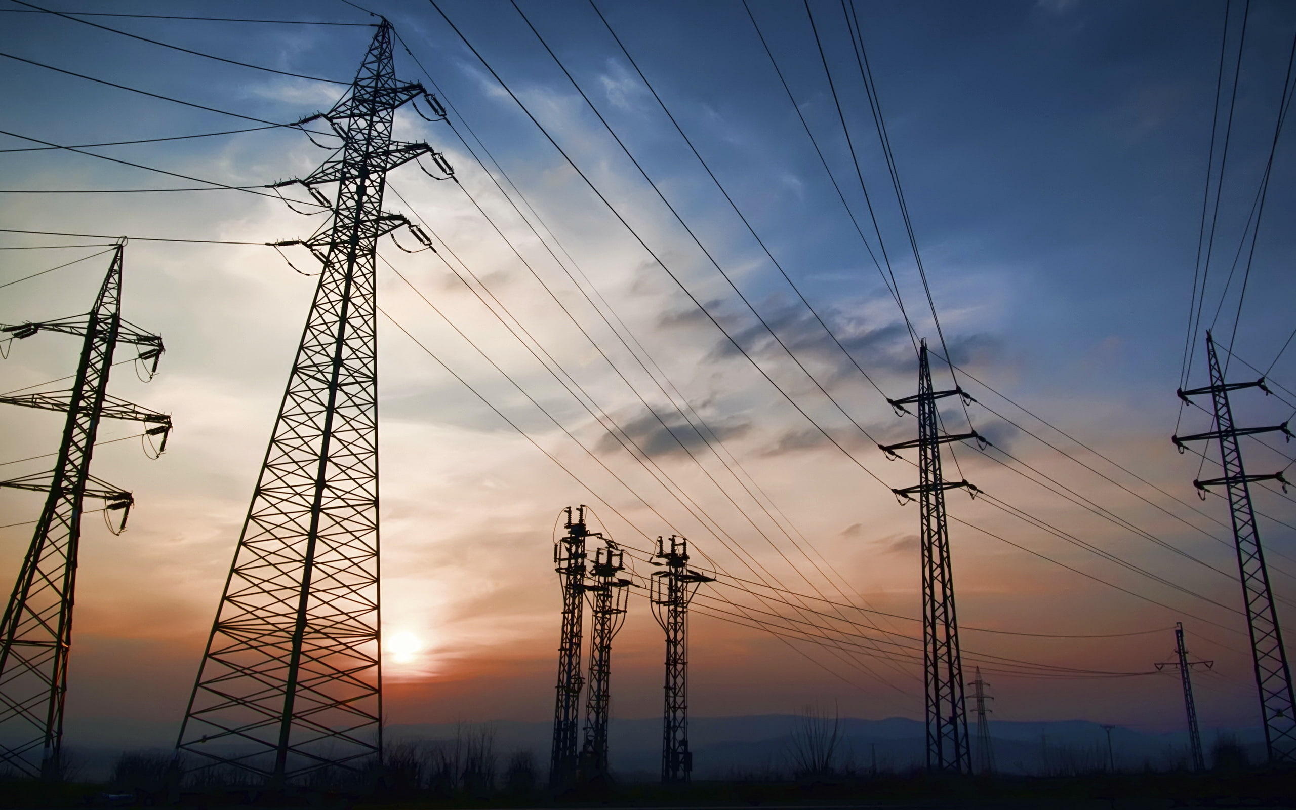 power line, electricity, no people, technology, orange color, night, fuel and power generation, sunset, complexity, outdoors, telecommunication, electrical equipment, HD Wallpaper
