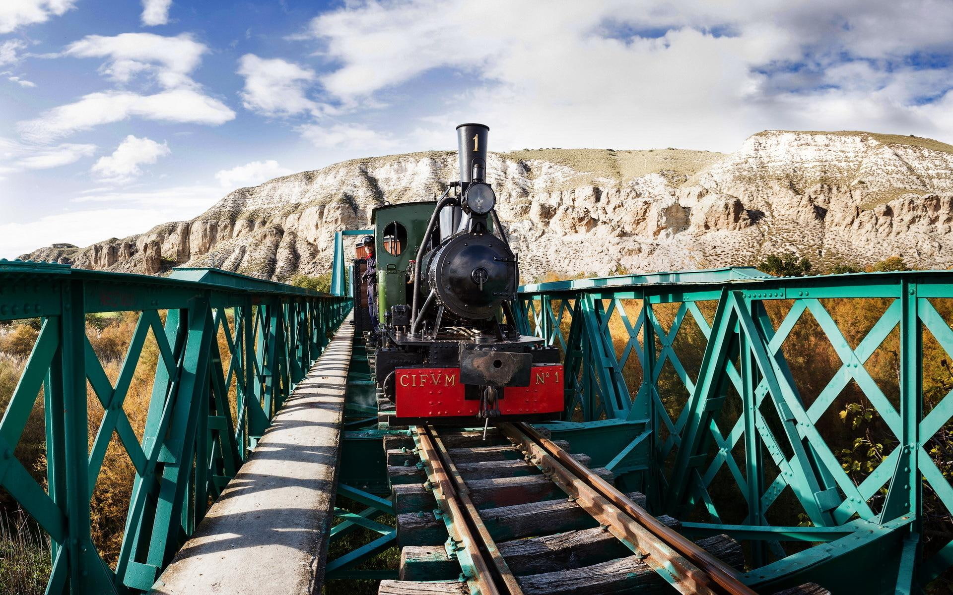nature and landscapes, train, steel, locomotive, hills, tracks, smaller, scale, black, green, bridge, 1080P, HD Wallpaper