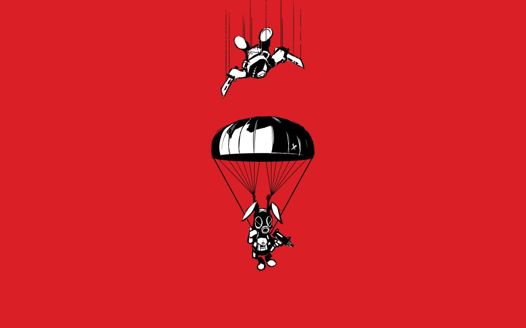 red, bunny, 720P, rabbit, parachute, bear, drawing, digital/artwork, knife, hd, HD Wallpaper