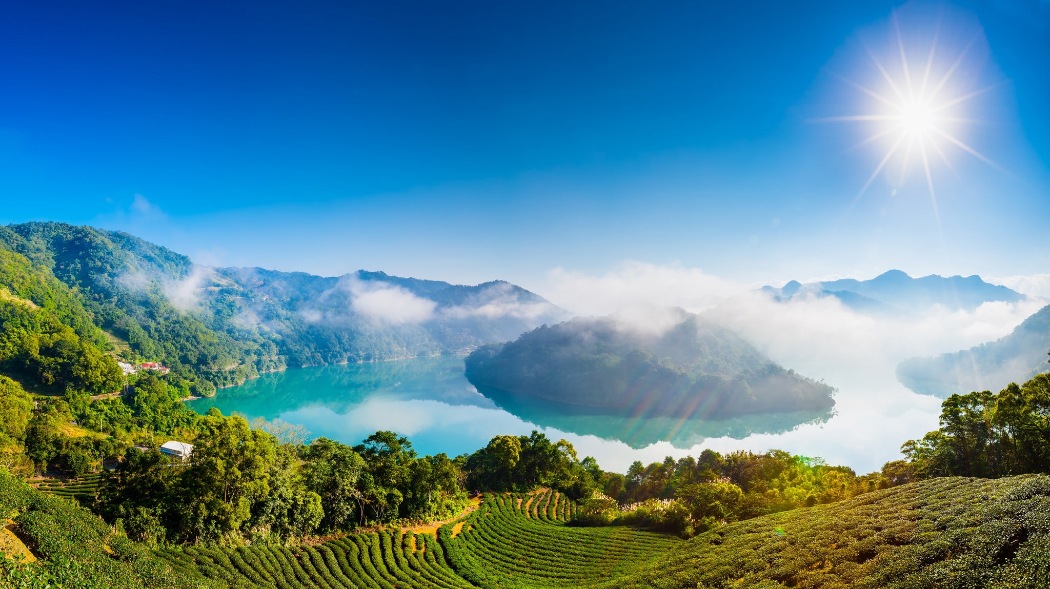 1080P, dekstop, trees, mountains, pc, lake, plantation, sky, hd, rays, house, sun, clouds, HD Wallpaper