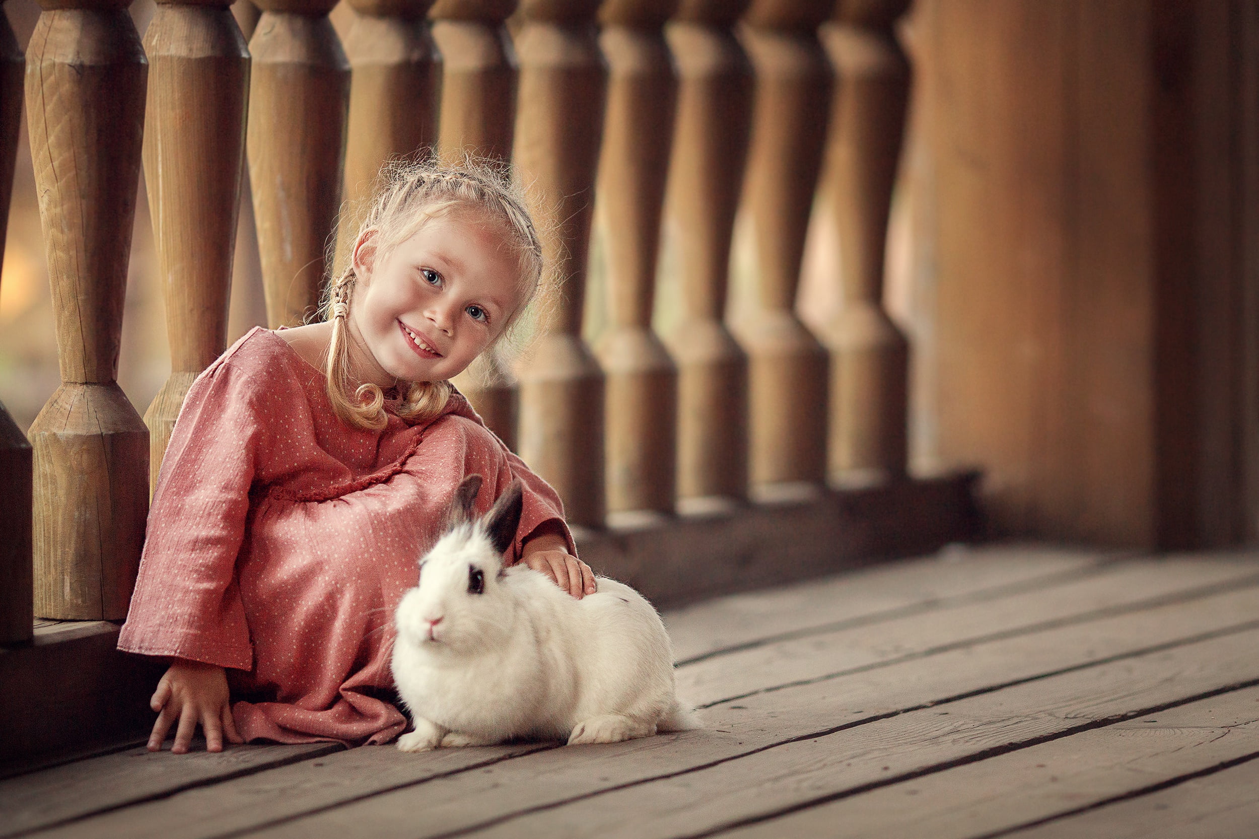 smile, balusters, animal, dress, rabbit, baby, girl, Marianne Smolin, child, 1080P, Board, HD Wallpaper