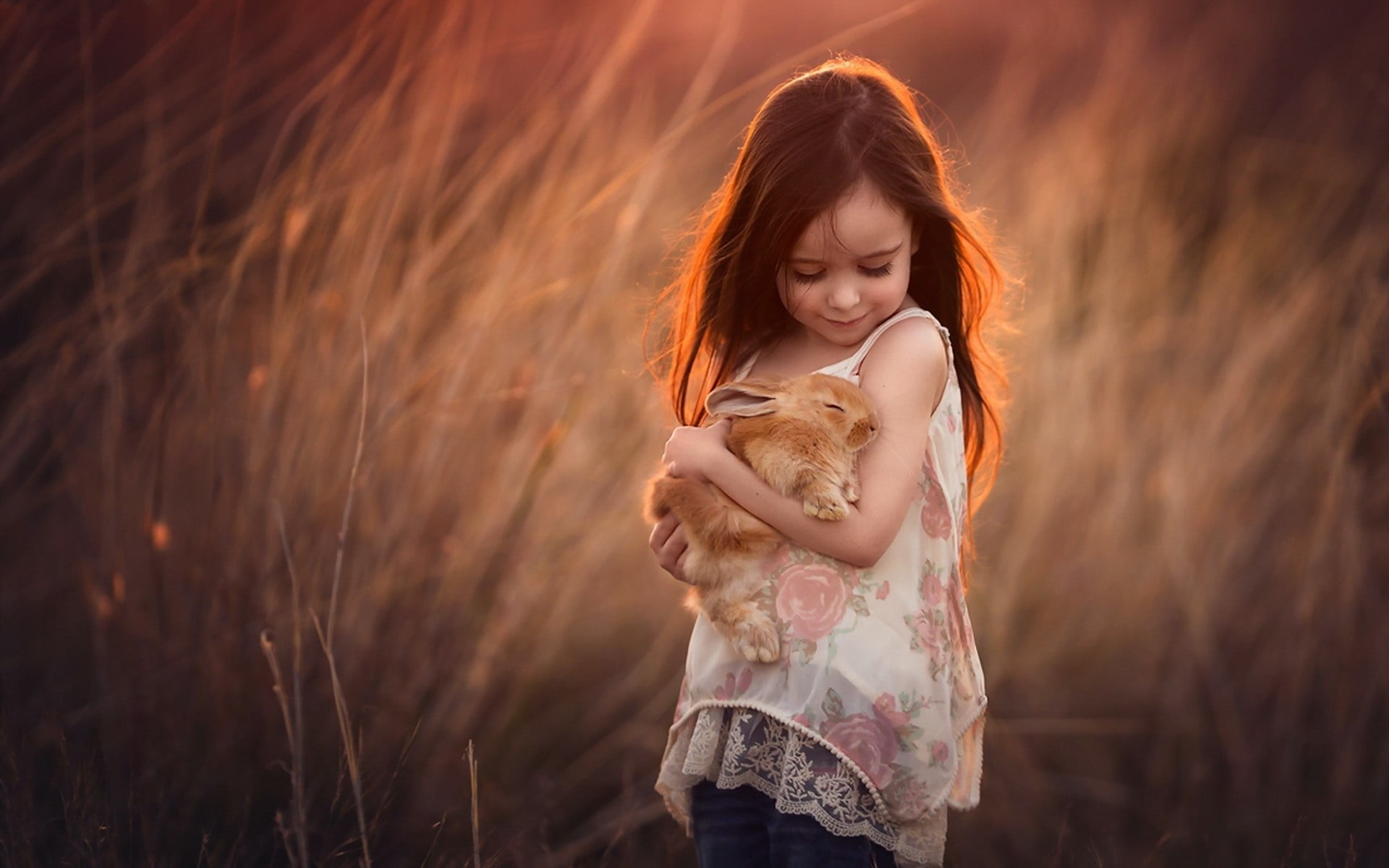 rabbit, childhood, land, long hair, Baby, grass, sunset, standing, innocence, 1080P, sunlight, one person, outdoors, field, focus on foreground, brown, HD Wallpaper