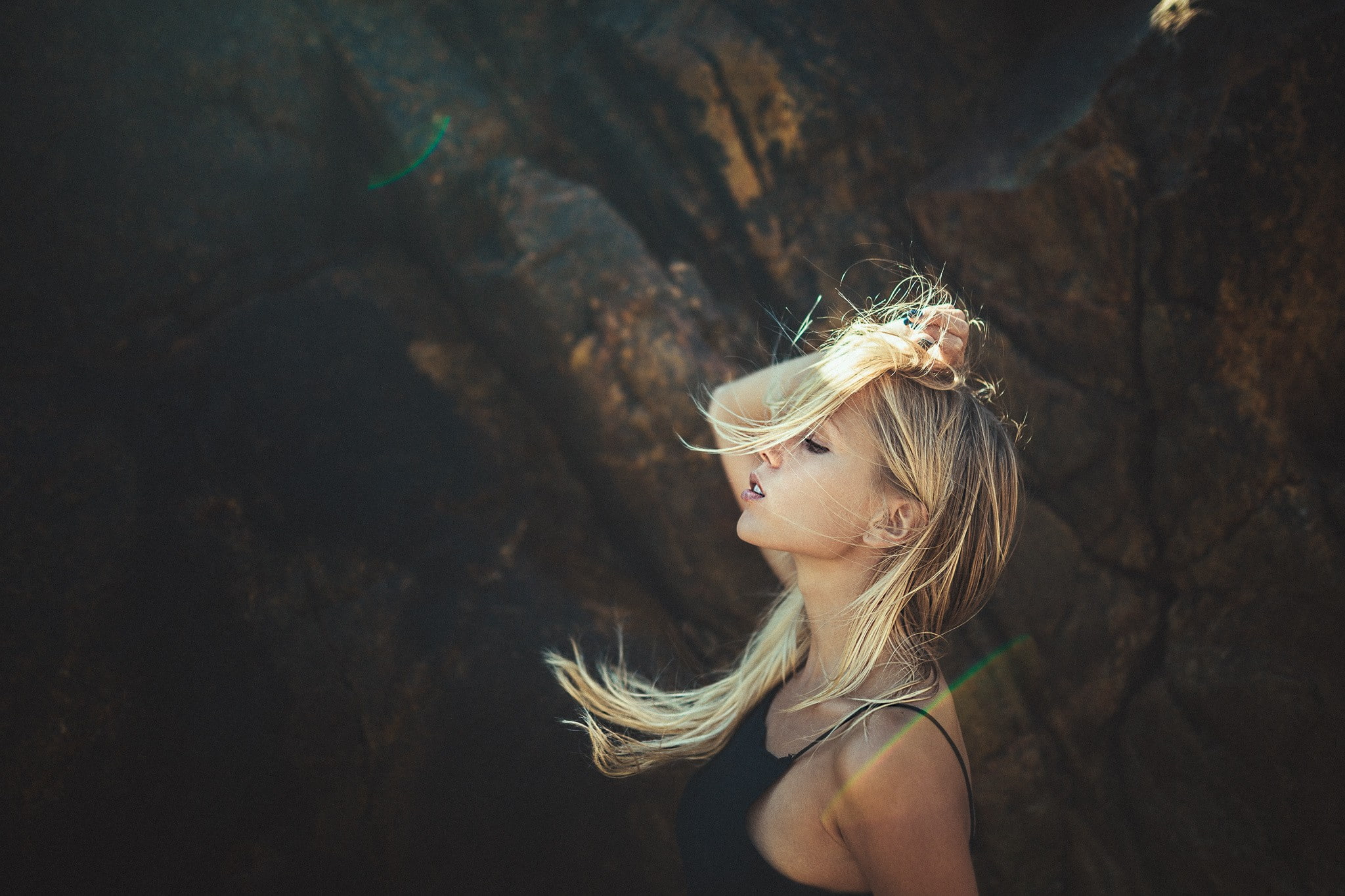 women, lens flare, blonde, 1080P, windy, model, side view, Lennart Bader, HD Wallpaper