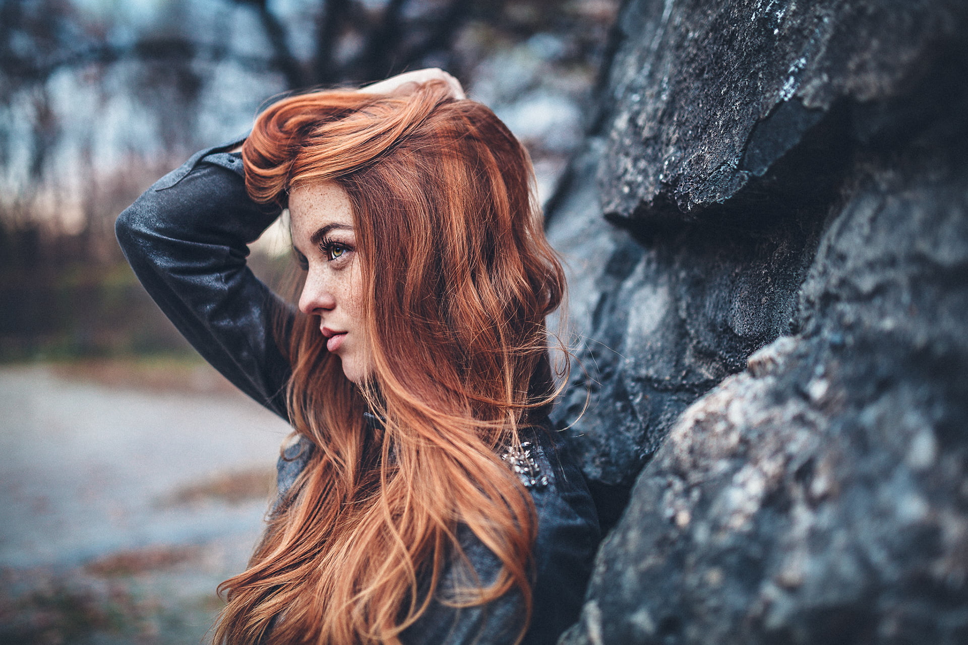 black jackets, 1080P, profile, freckles, women, jacket, Lennart Bader, redhead, leather jackets, eyes, HD Wallpaper