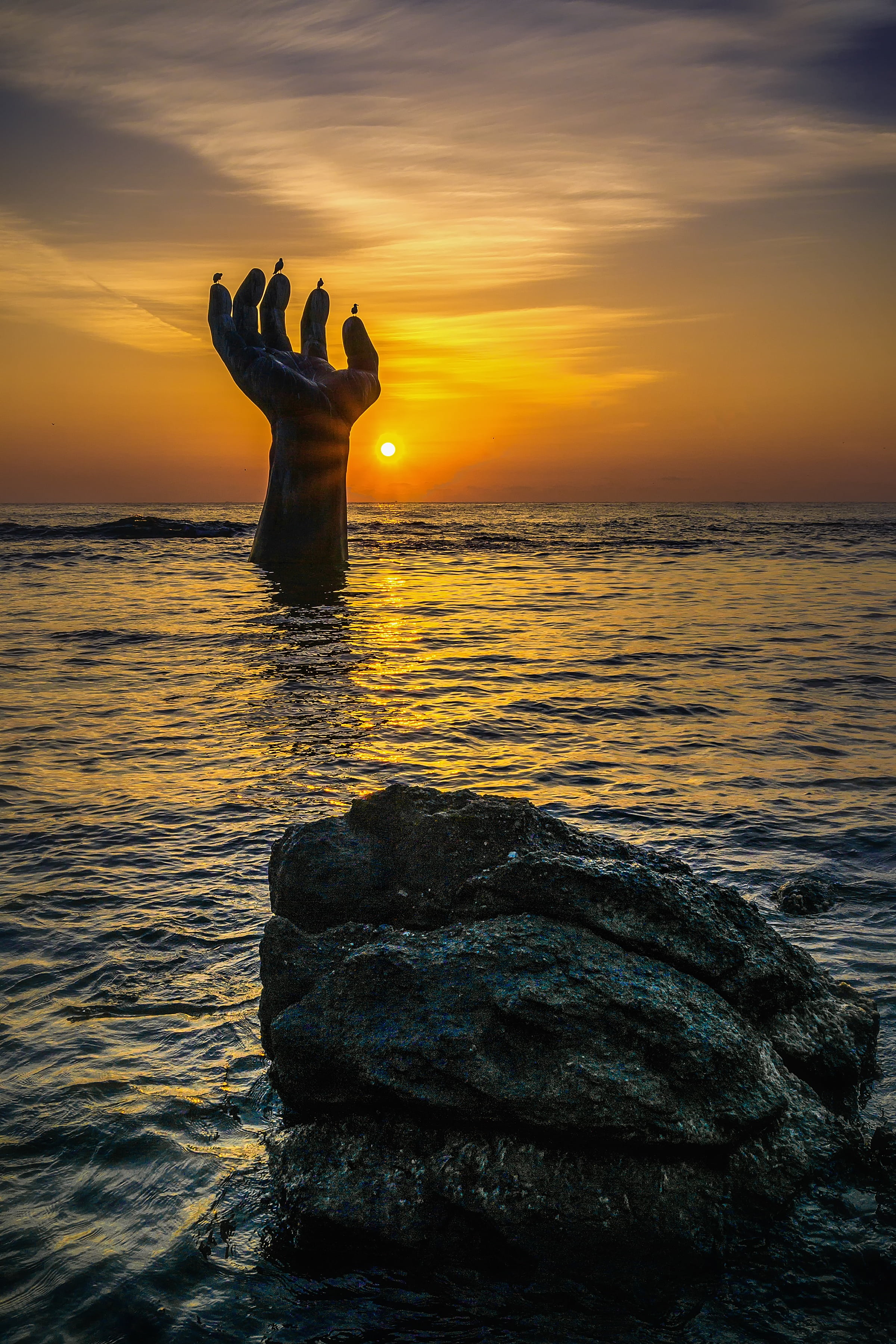 beauty in nature, horizon, silhouette, drown, hand, homigot, human arm, cloud - sky, sunset, sunrise, pohang, scenics - nature, ocean, rock - object, sea, Phone HD Wallpaper