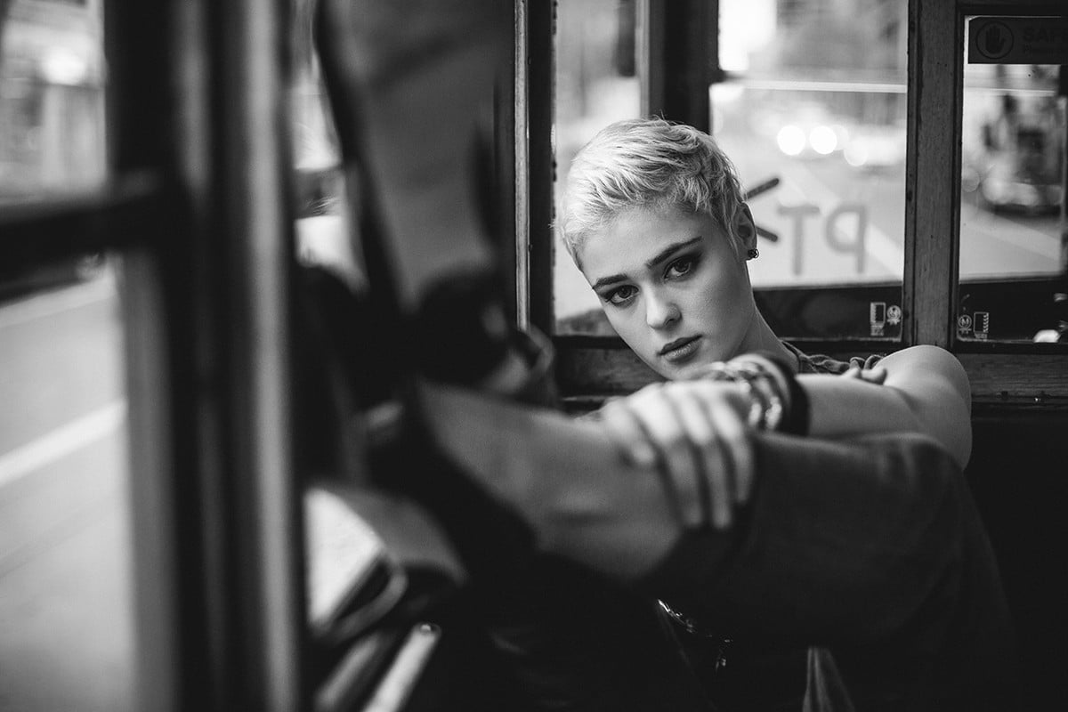 monochrome, window, contemplation, women, short hair, one person, selective focus, looking at viewer, face, vehicle interiors, depth of field, high heels, HD Wallpaper