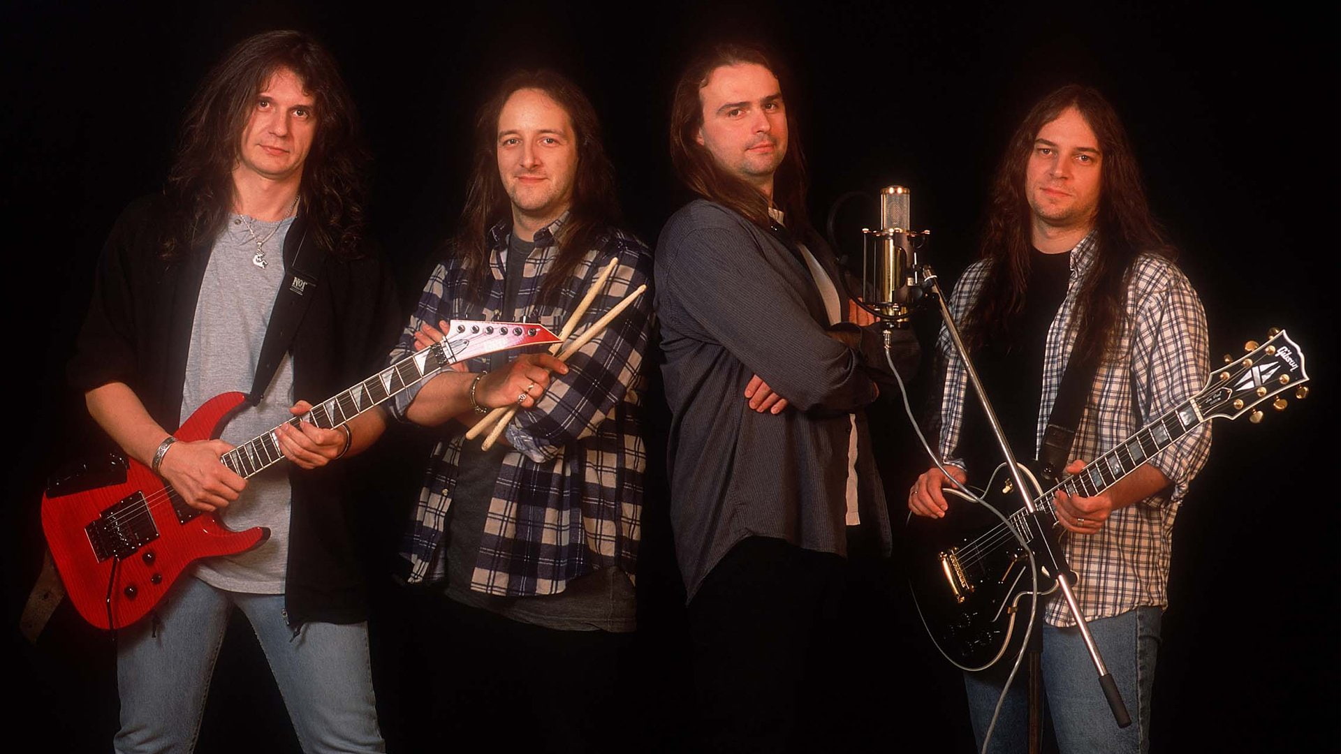 young men, electric guitar, 1080P, men, musical instrument, artist, musician, young adult, musical equipment, Band (Music), music, Blind Guardian, plaid shirt, HD Wallpaper