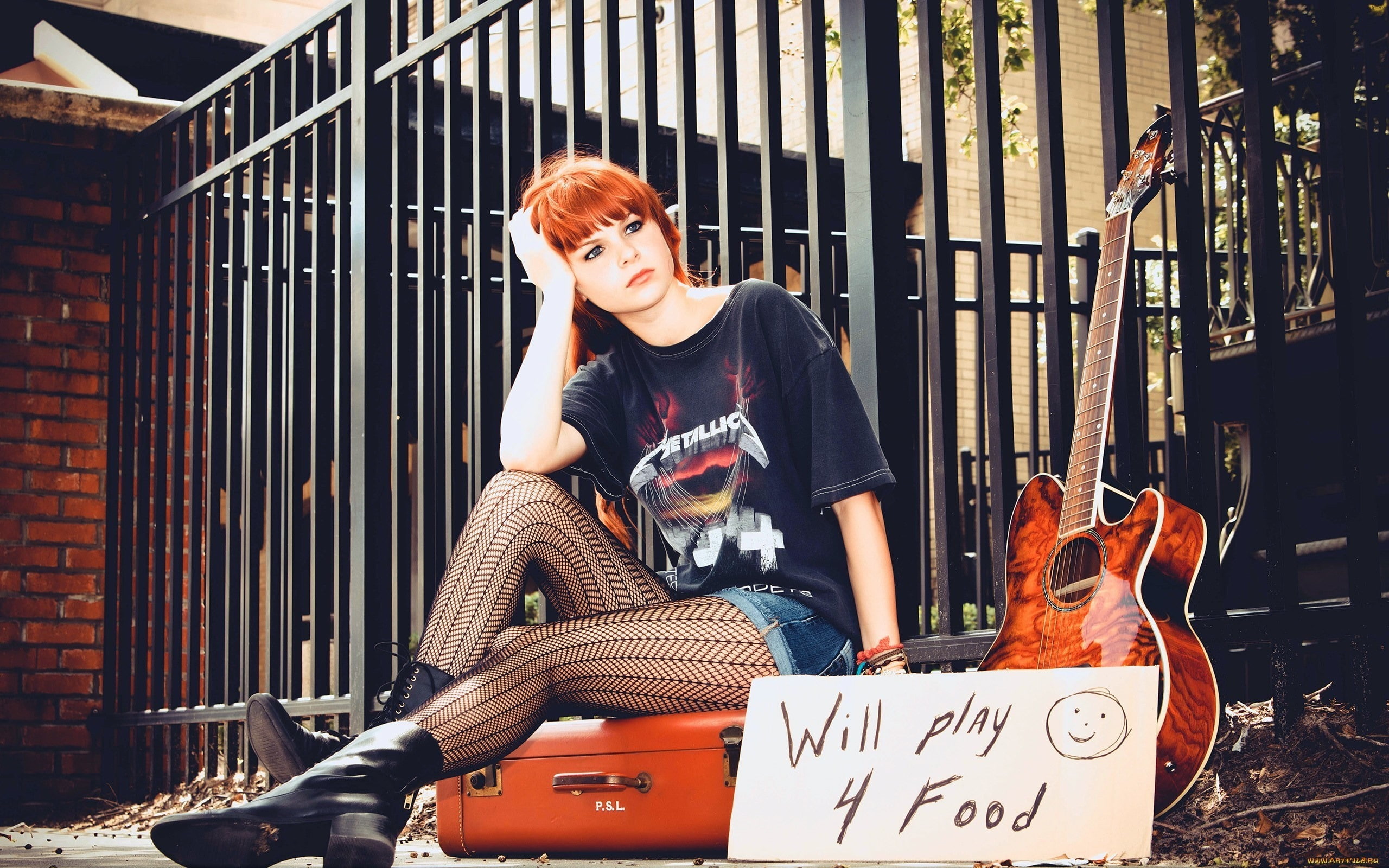 day, crew, pre-adolescent child, metallica, men, casual clothing, front view, guitar, sitting, shirt, teenager, girl, child, hd, lifestyles, HD Wallpaper