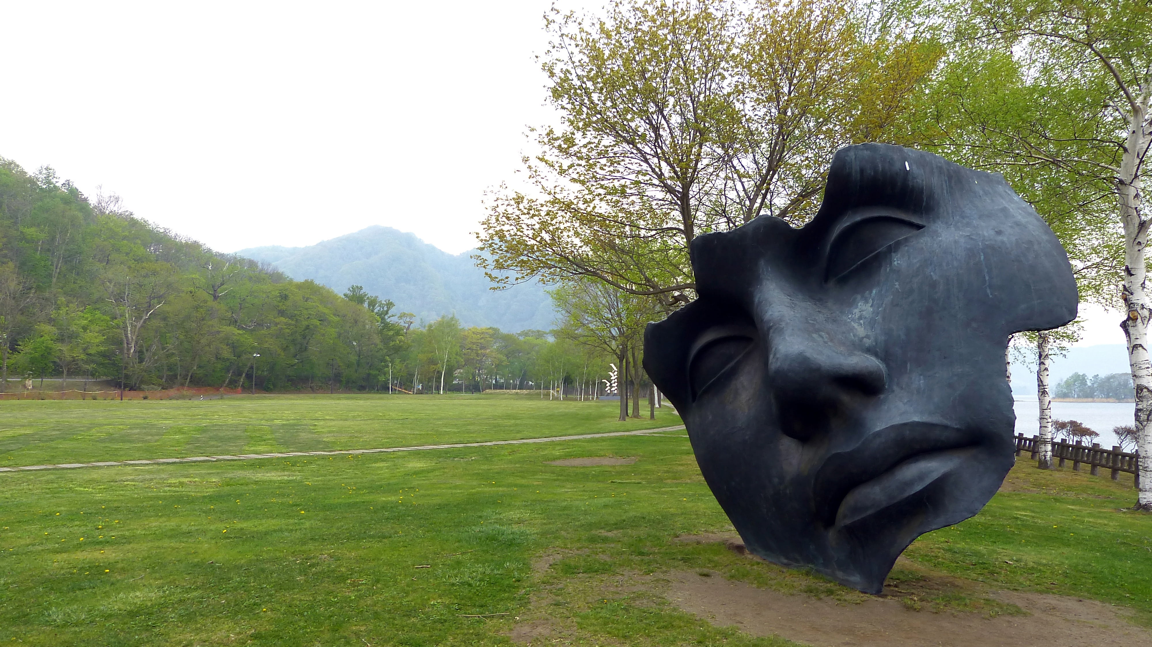 park - man made space, art and craft, daytime, water, human representation, lake, no people, sky, plant, national park, landscape, mountain, lake toya, HD Wallpaper