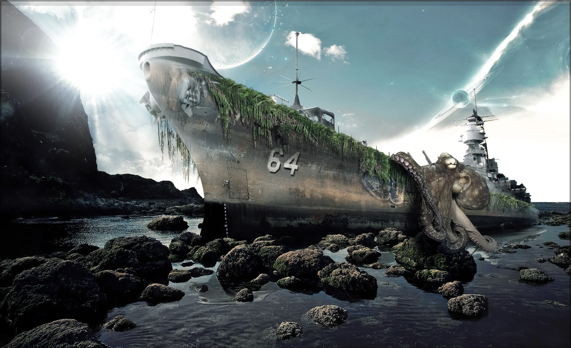 brown, nautical vessel, rock - object, ship, rock, shore, cloud - sky, outdoors, sunbeam, water, solid, shipwreck, mode of transportation, sea, day, low angle view, HD Wallpaper