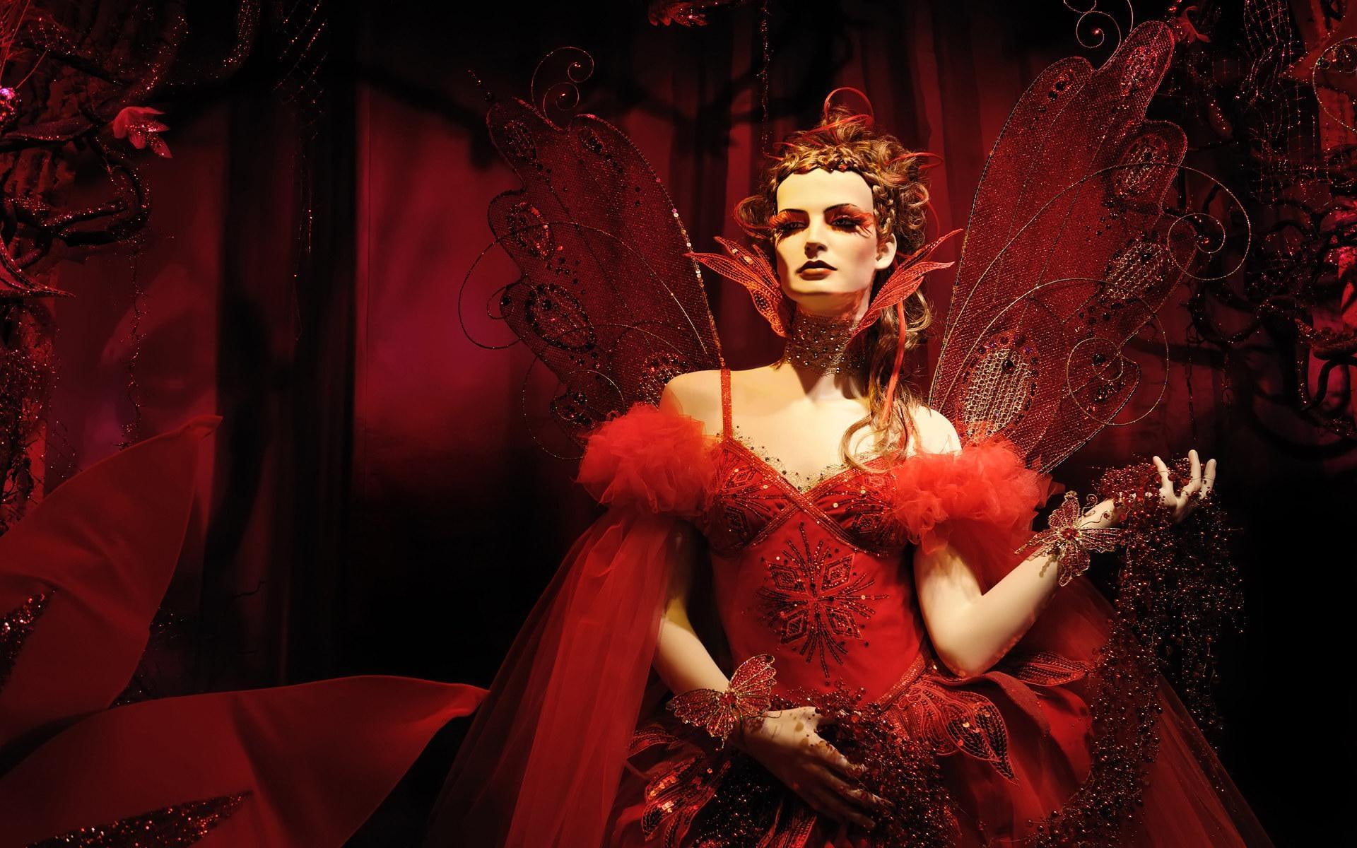 designs, red dress, hip hop, 1080P, style, wings, makeup, 3d and abstract, red, hip, hop, HD Wallpaper