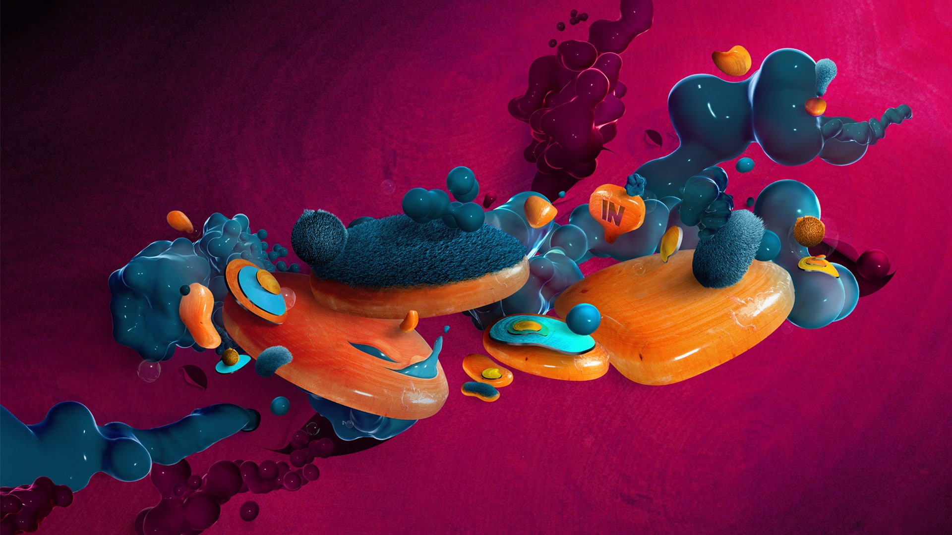 splashes, abstract, 3D, 1080P, digital art, pink background, purple, bubbles, HD Wallpaper