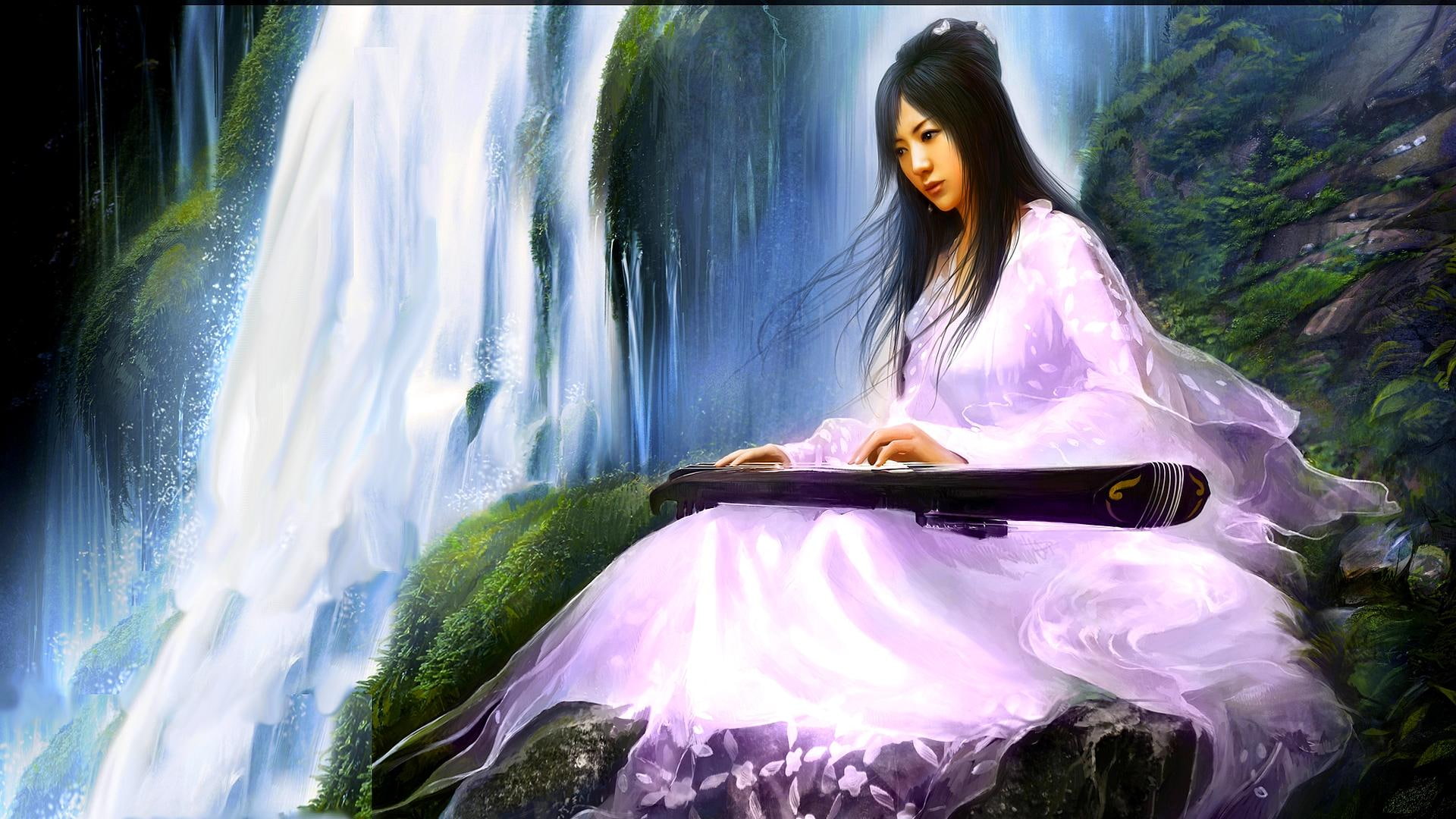 musician, mountain, 3d and abstract, oriental, falls, 1080P, girl, music, sweet, HD Wallpaper