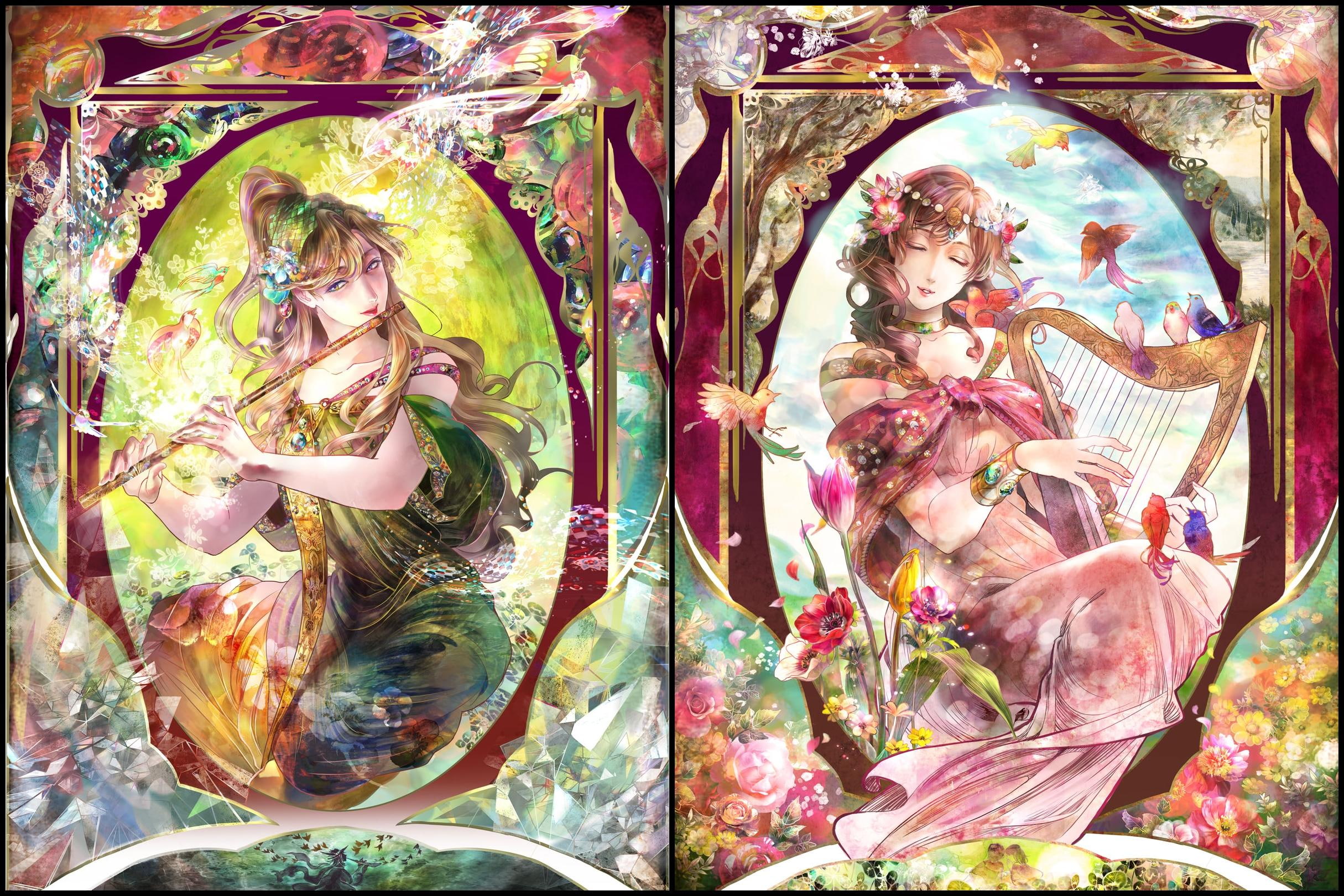 beauty, muse, beautiful, floral, musical, nice, blossom, music, lady, instrument, 1080P, bird, collages, lovely, gown, female, flute, HD Wallpaper