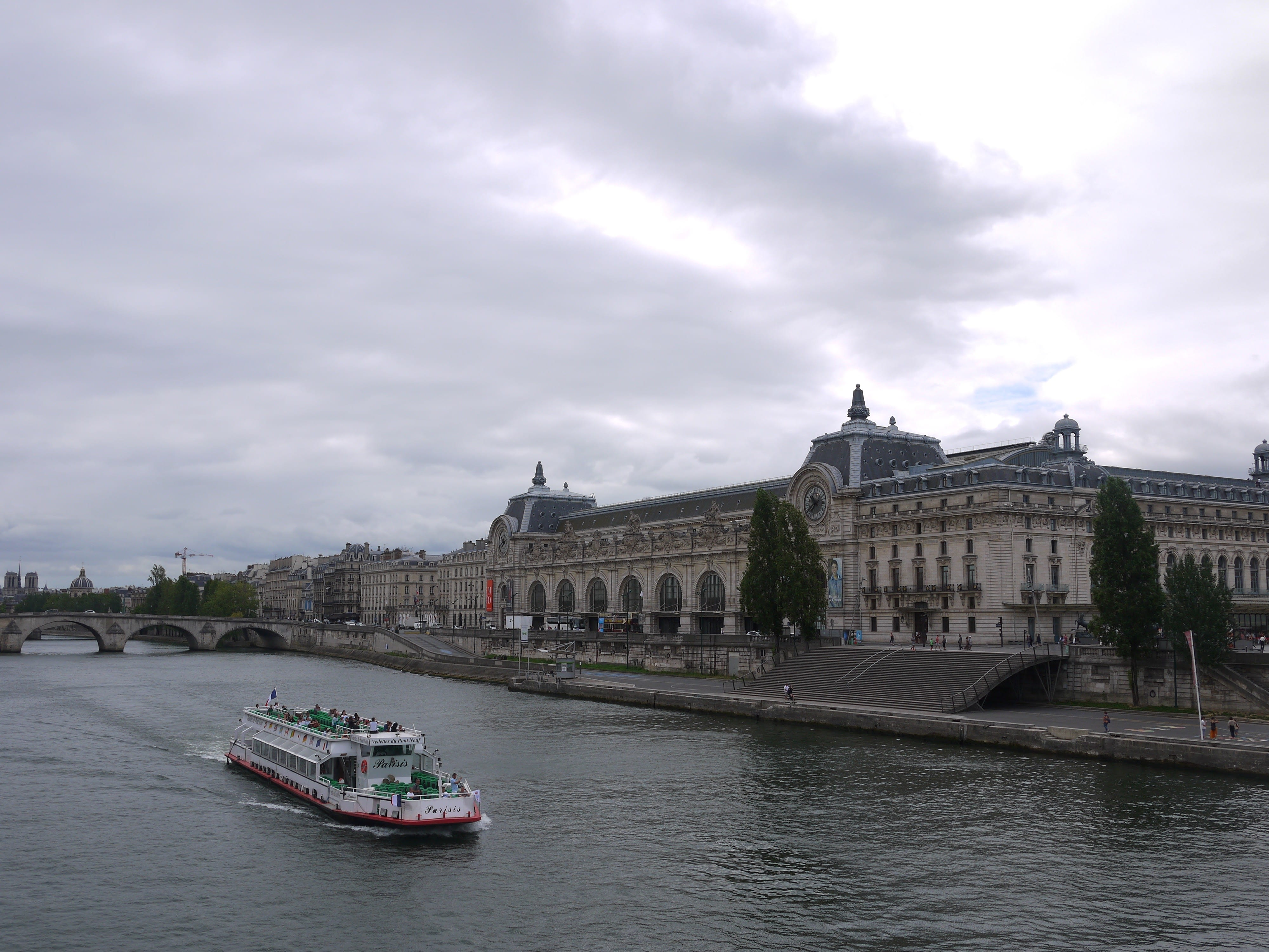 building exterior, mode of transportation, no people, france, built structure, transportation, musee orsay, nature, paris, river, 4K, museum, sky, travel destinations, HD Wallpaper
