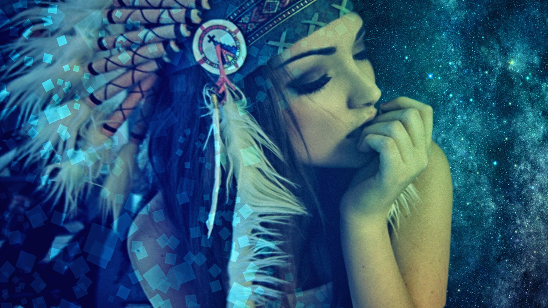 space, Muse, night, fashion, people, black, beauty, looking, contemplation, 1080P, girl, white, young Women, emotion, water, digital composite, indoors, HD Wallpaper