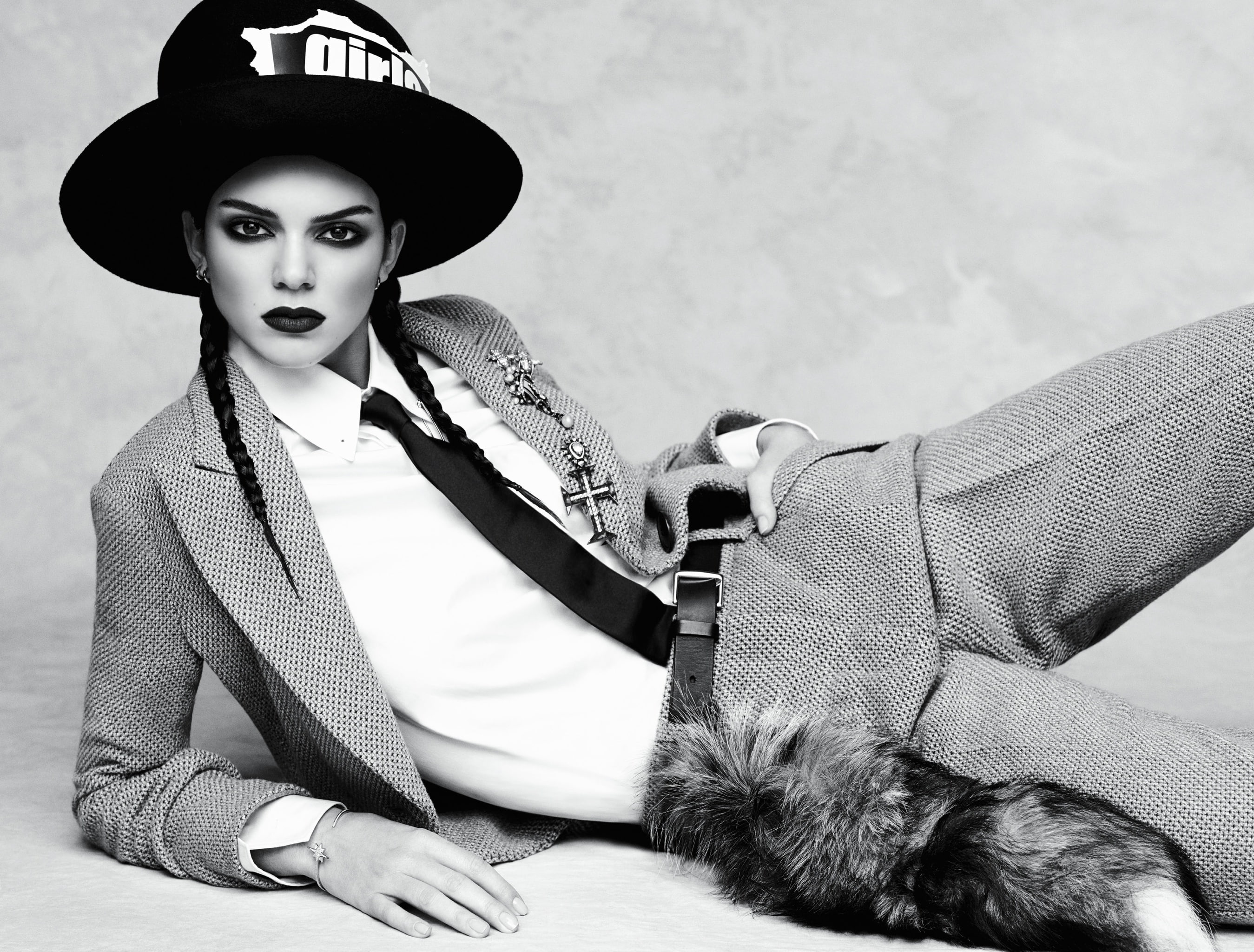 jacket, hat, photoshoot, Vogue, lies, tie, hairstyle, posing, brunette, model, pants, on the floor, black and white, braids, makeup, Kendall Jenner, shirt, HD Wallpaper