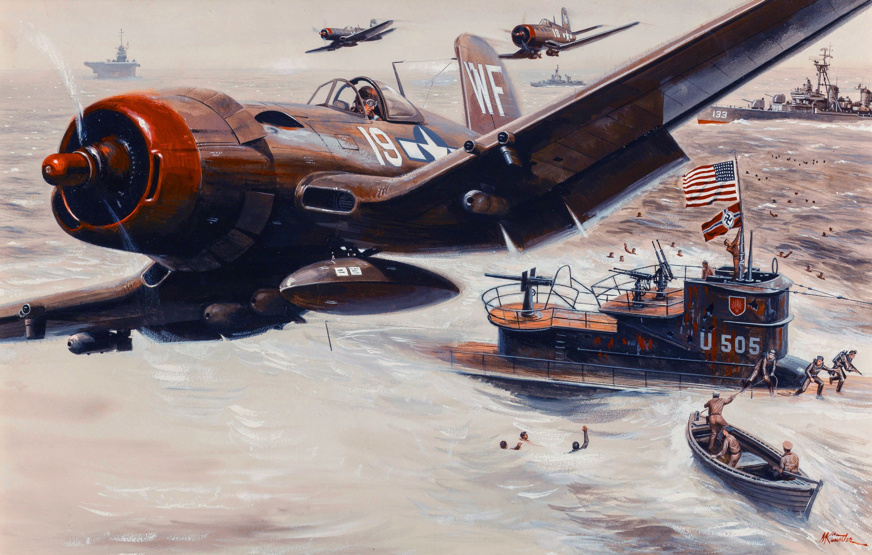 the battle, ships, 2K, people fighter, pilot, Mort Künstler, submarine, HD Wallpaper