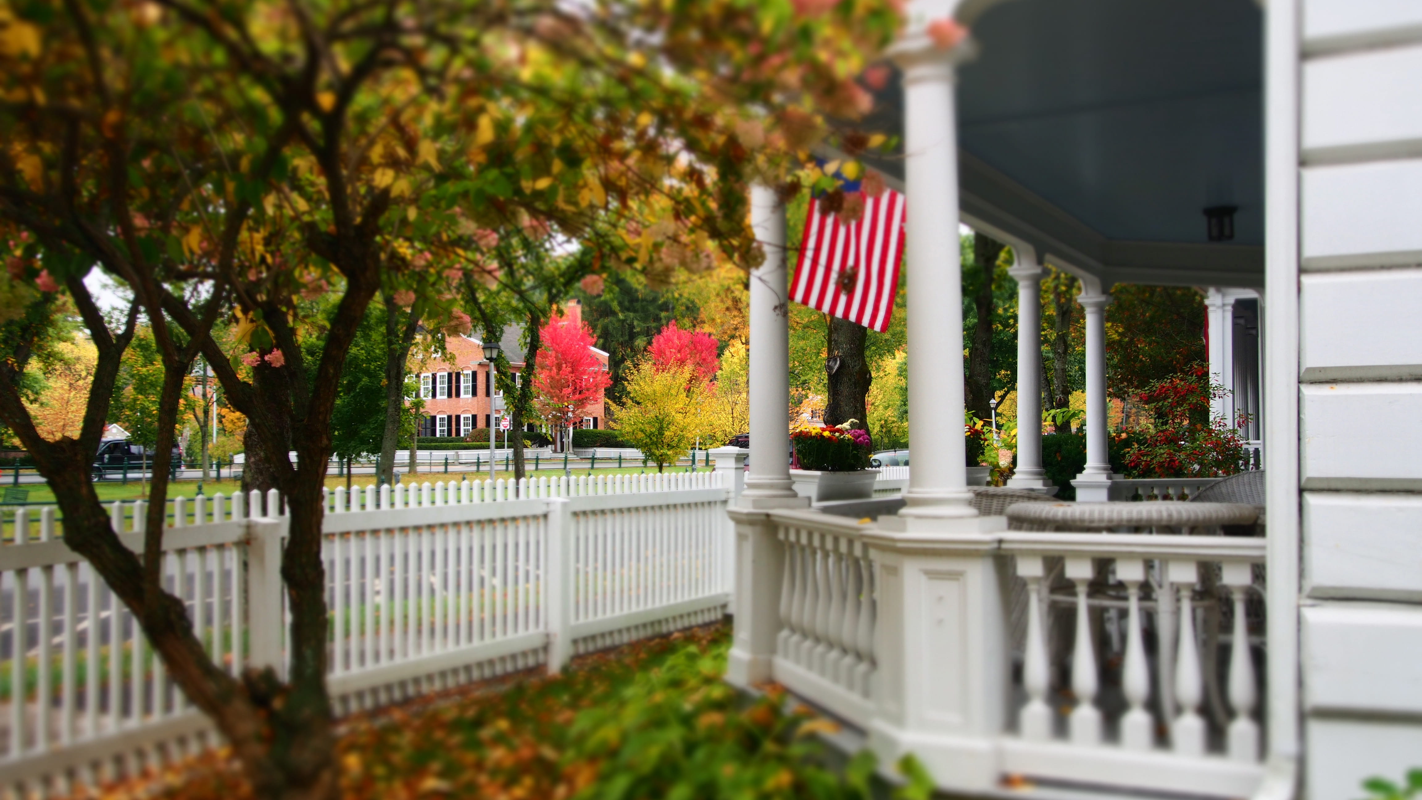 railing, trees, no people, patriotism, outdoors, building exterior, fall, autumn, flower pot, nature, day, vermont, architecture, 4K, new england, emotion, HD Wallpaper