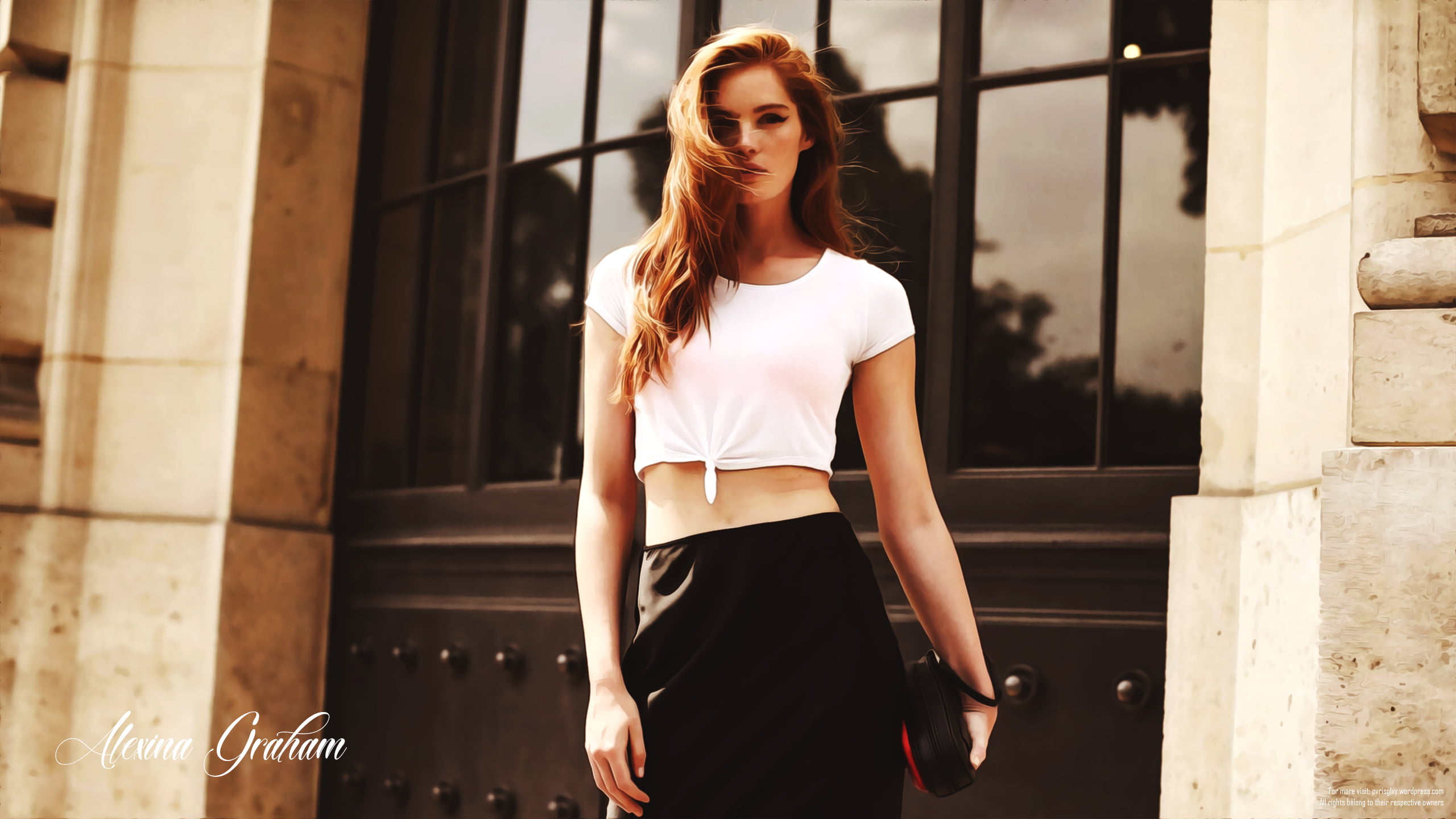 2K, blue eyes, white shirt, women, digital art, model, Alexina Graham, redhead, HD Wallpaper